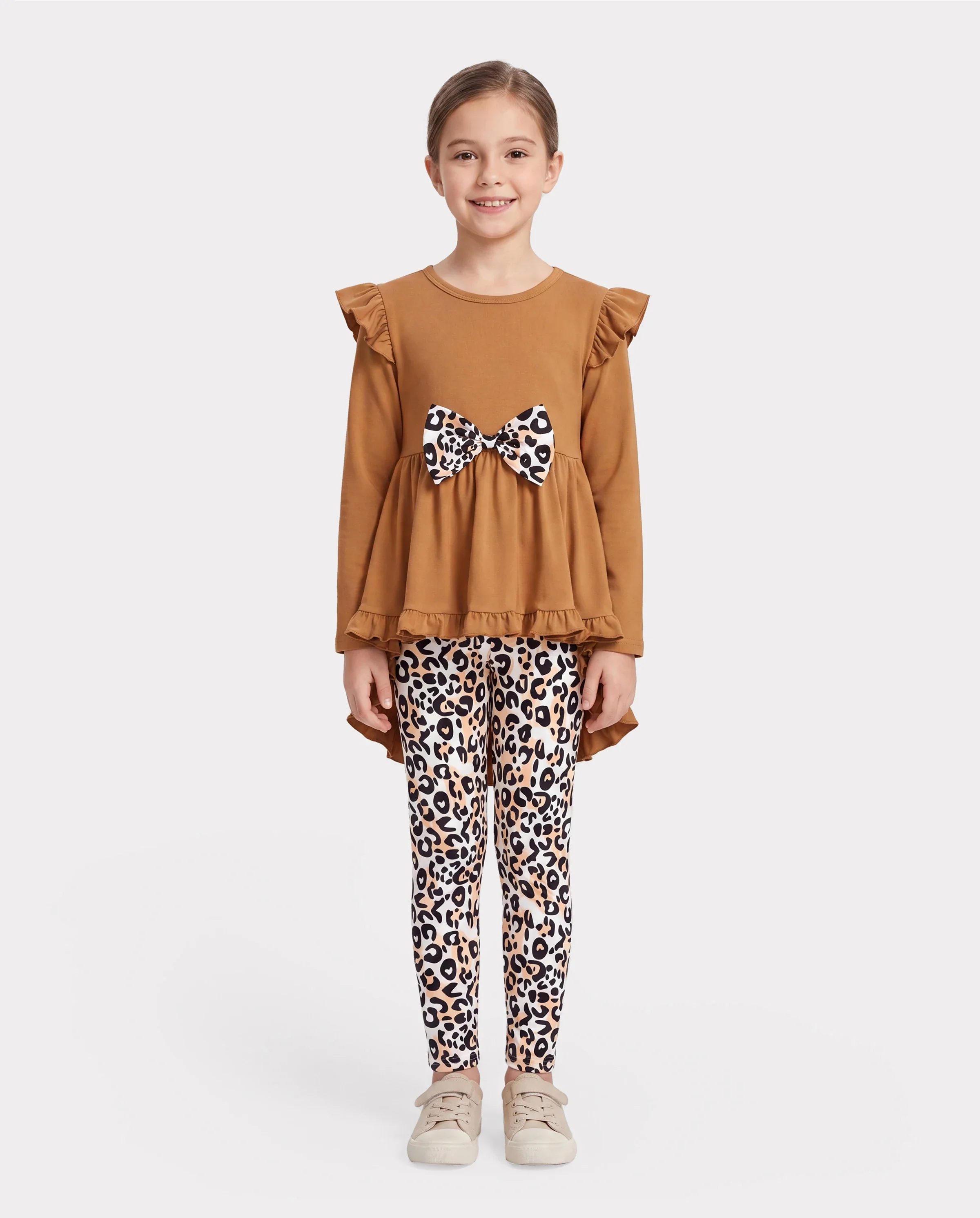 2-piece Kid Girl Bowknot Ruffled Long-sleeves Tee and Flower Allover Print Pants Brown