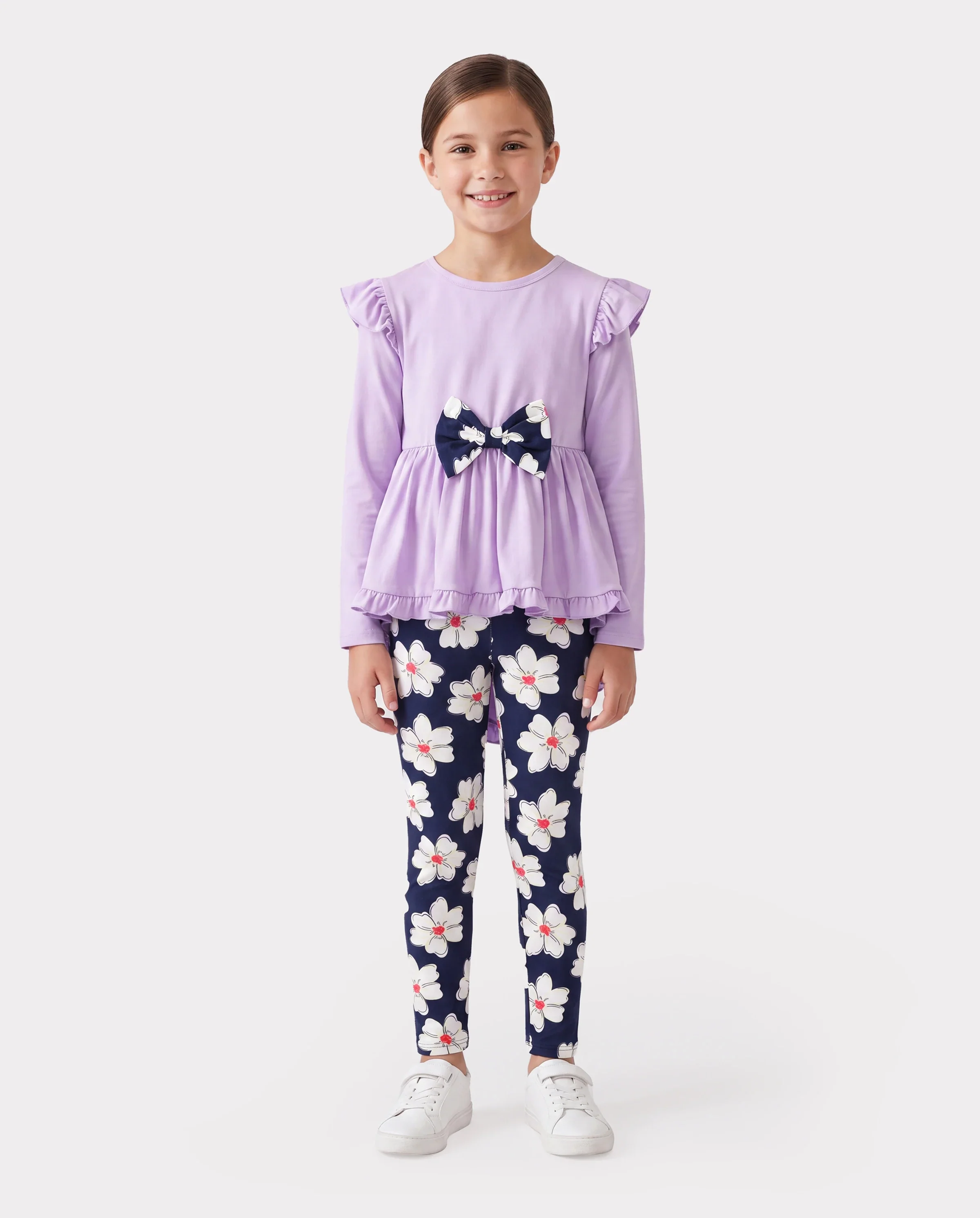 2-piece Kid Girl Bowknot Ruffled Long-sleeves Tee and Flower Allover Print Pants Light Purple