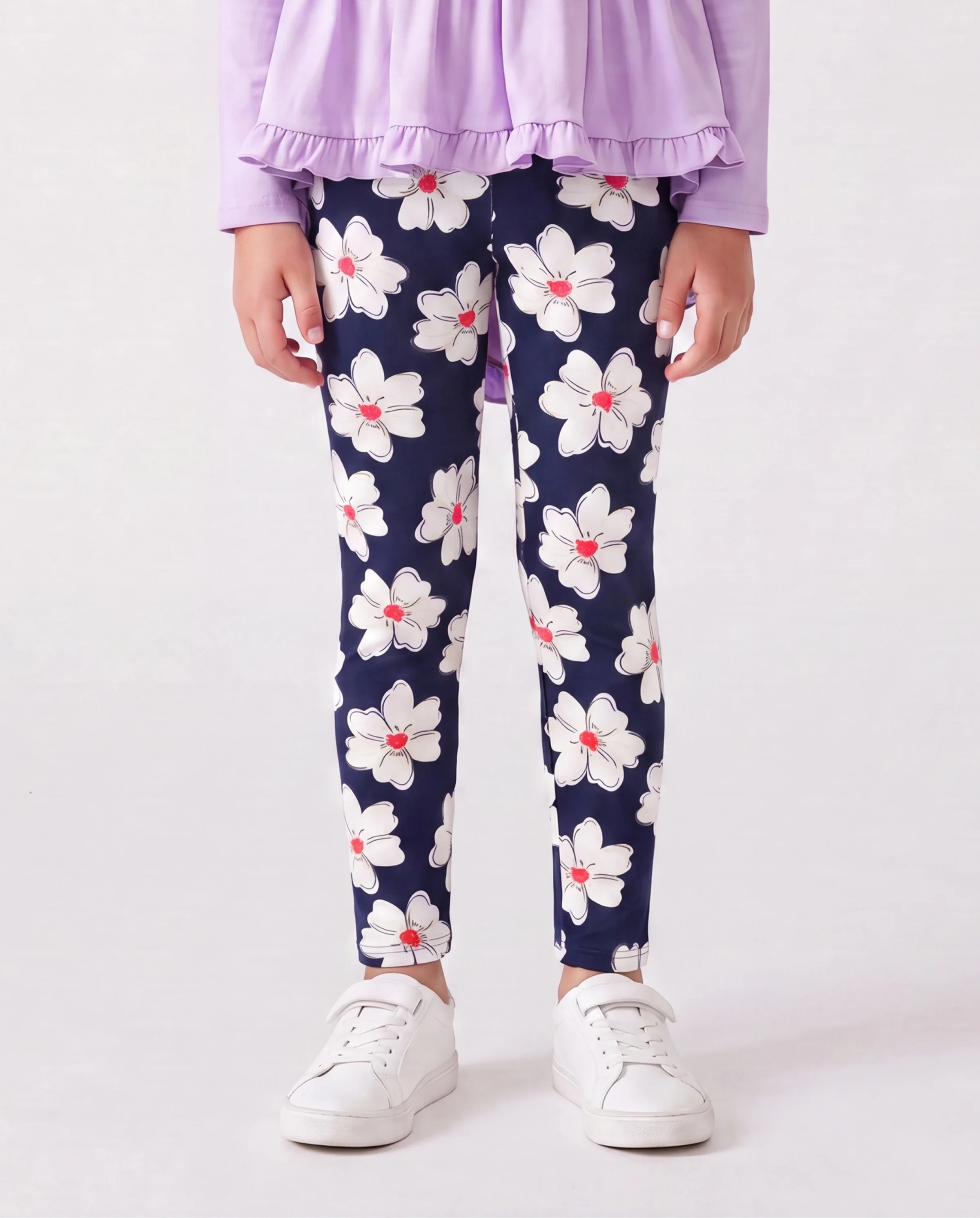 2-piece Kid Girl Bowknot Ruffled Long-sleeves Tee and Flower Allover Print Pants Light Purple - Image 4