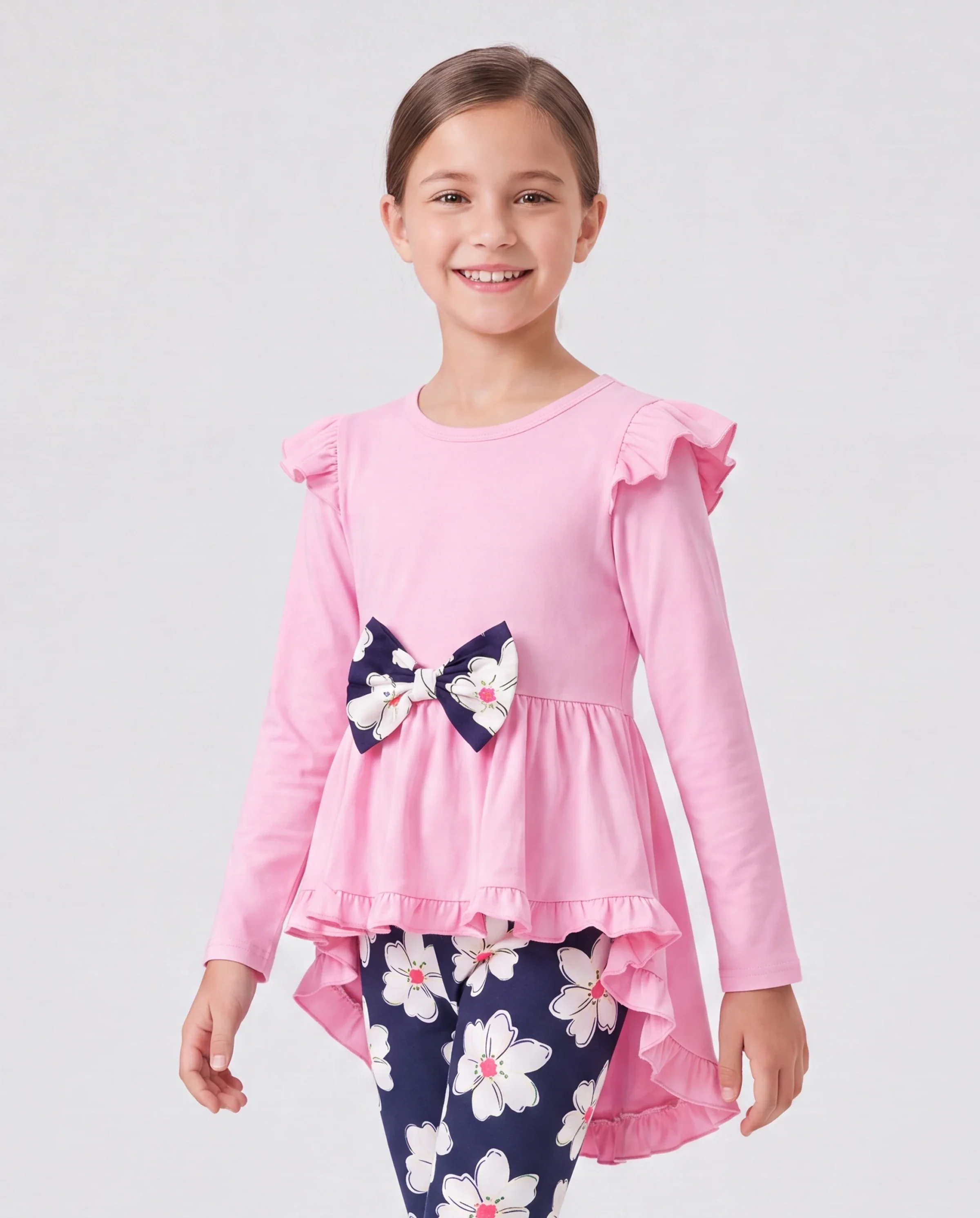 2-piece Kid Girl Bowknot Ruffled Long-sleeves Tee and Flower Allover Print Pants Pink - Image 3