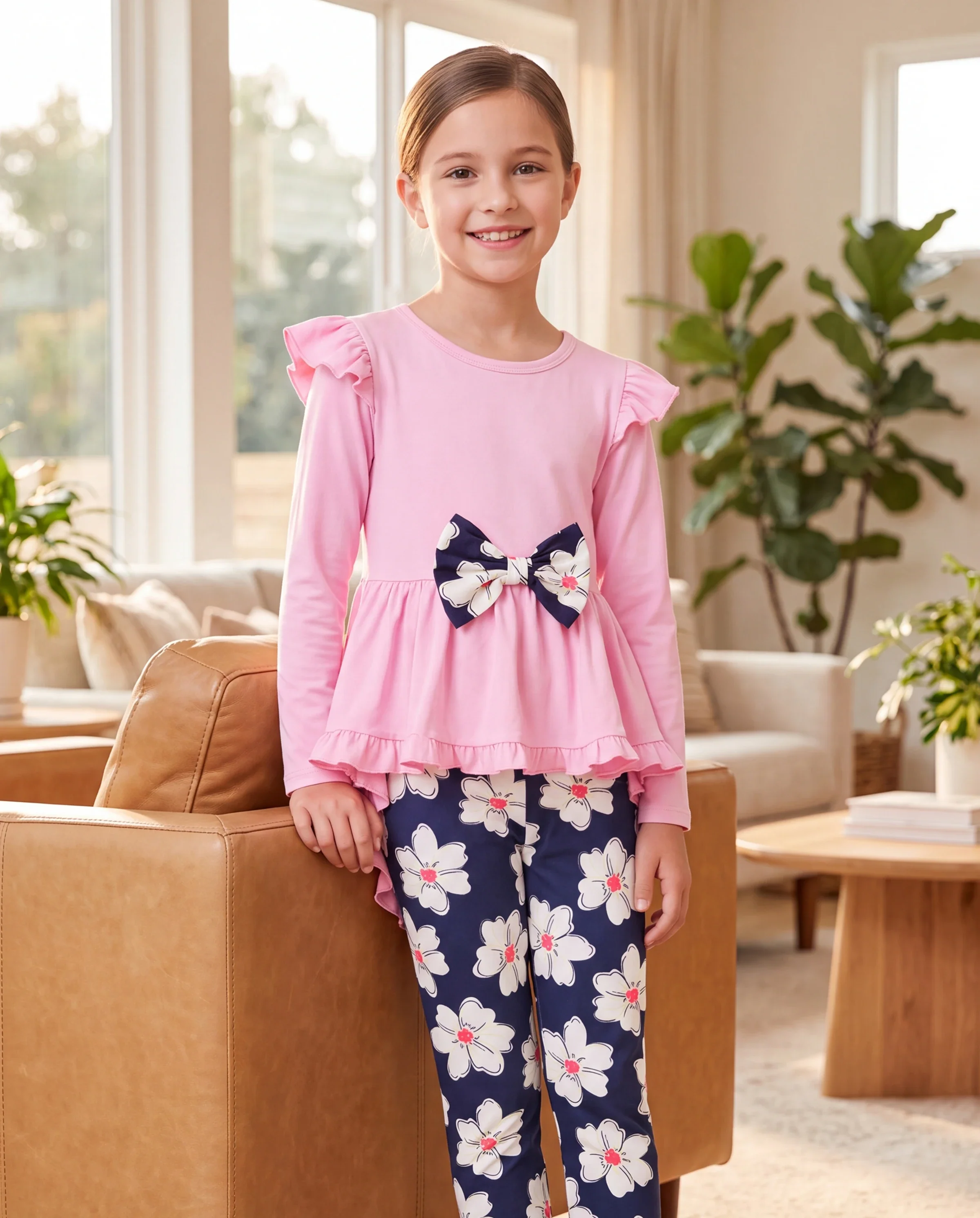 2-piece Kid Girl Bowknot Ruffled Long-sleeves Tee and Flower Allover Print Pants Pink - Image 8