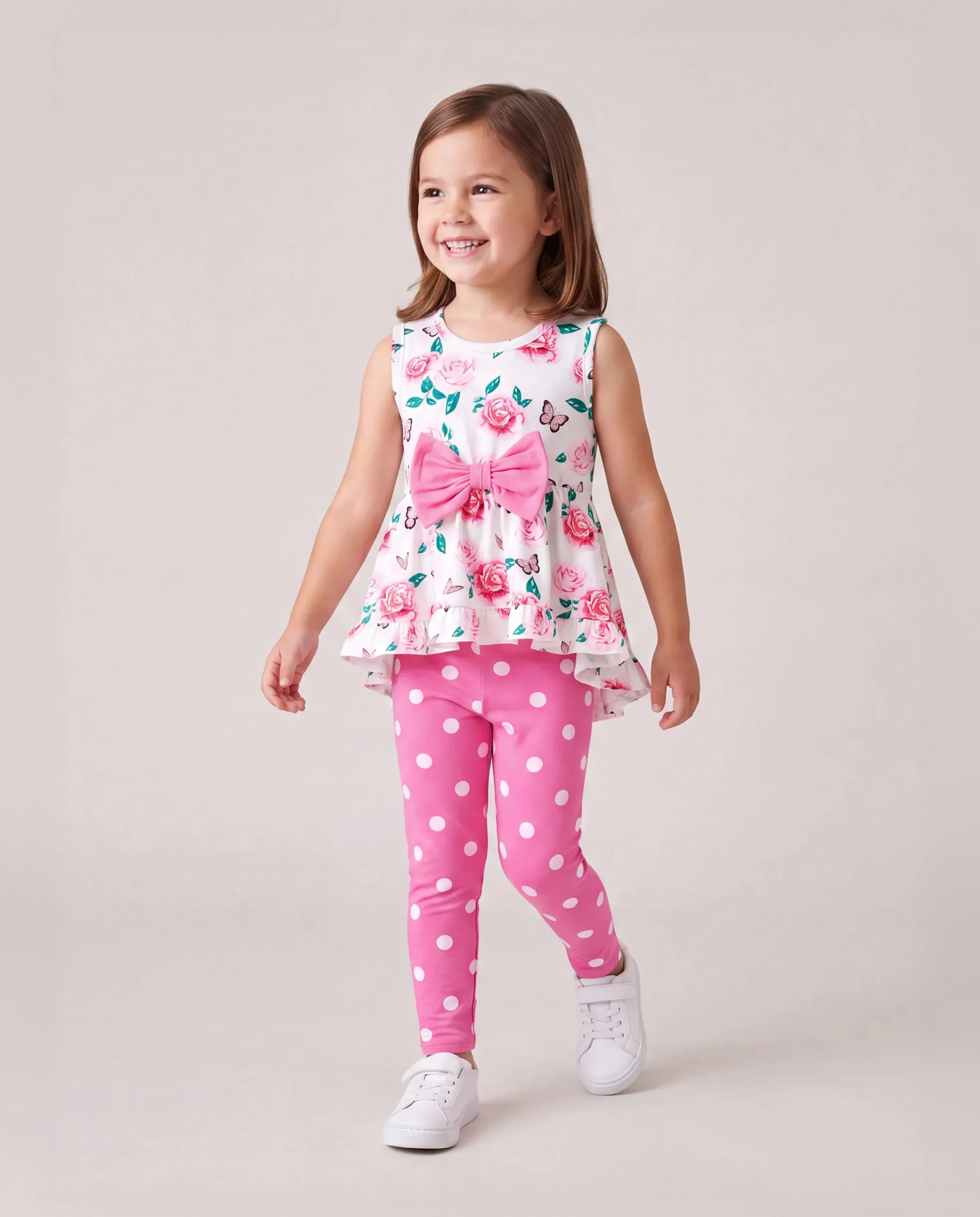 2-piece Toddler Girl Floral Print Bowknot Design Ruffled High Low Sleeveless Tee and Polka dots Pants Set Pink - Image 2