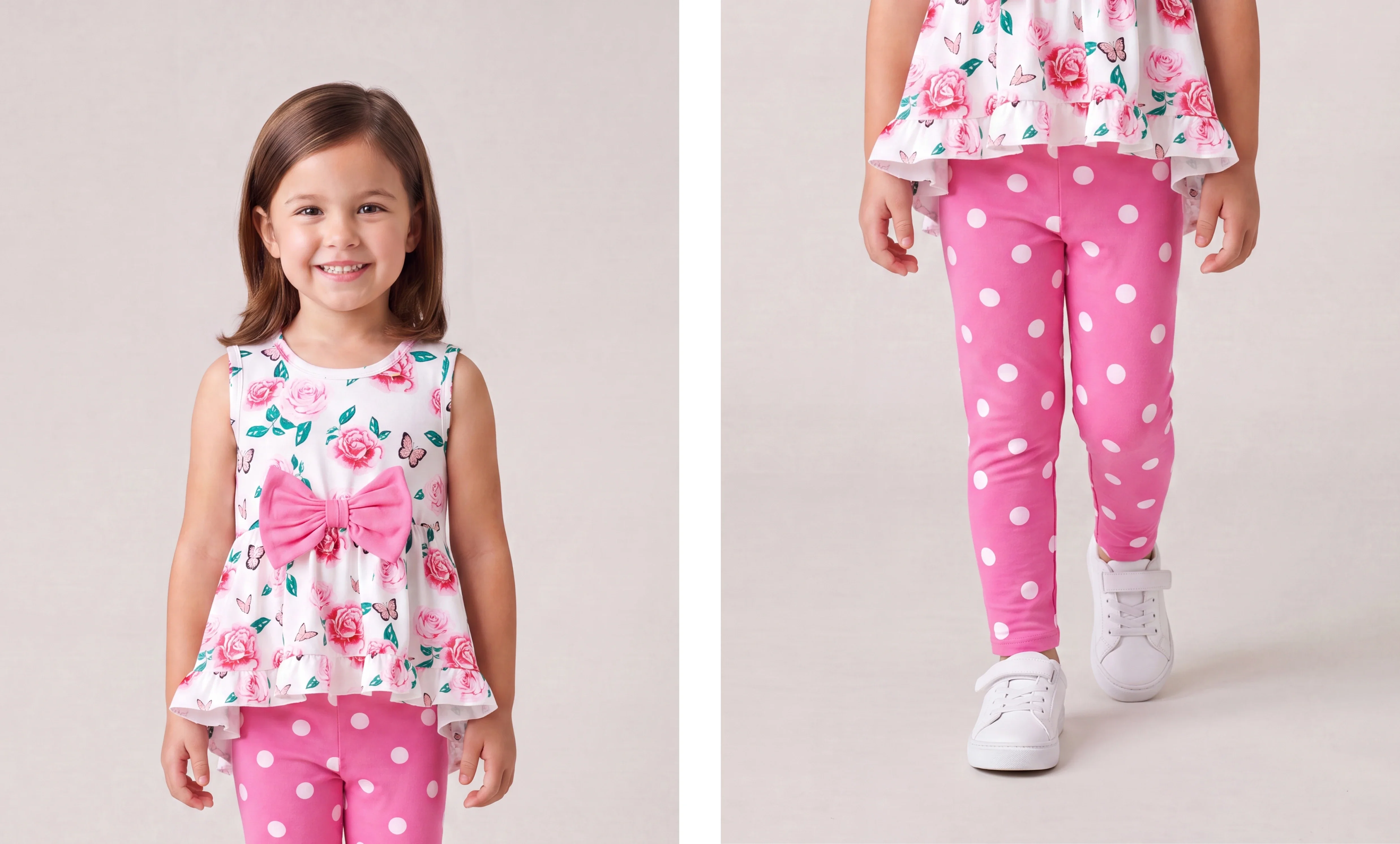 2-piece Toddler Girl Floral Print Bowknot Design Ruffled High Low Sleeveless Tee and Polka dots Pants Set Pink - Image 4