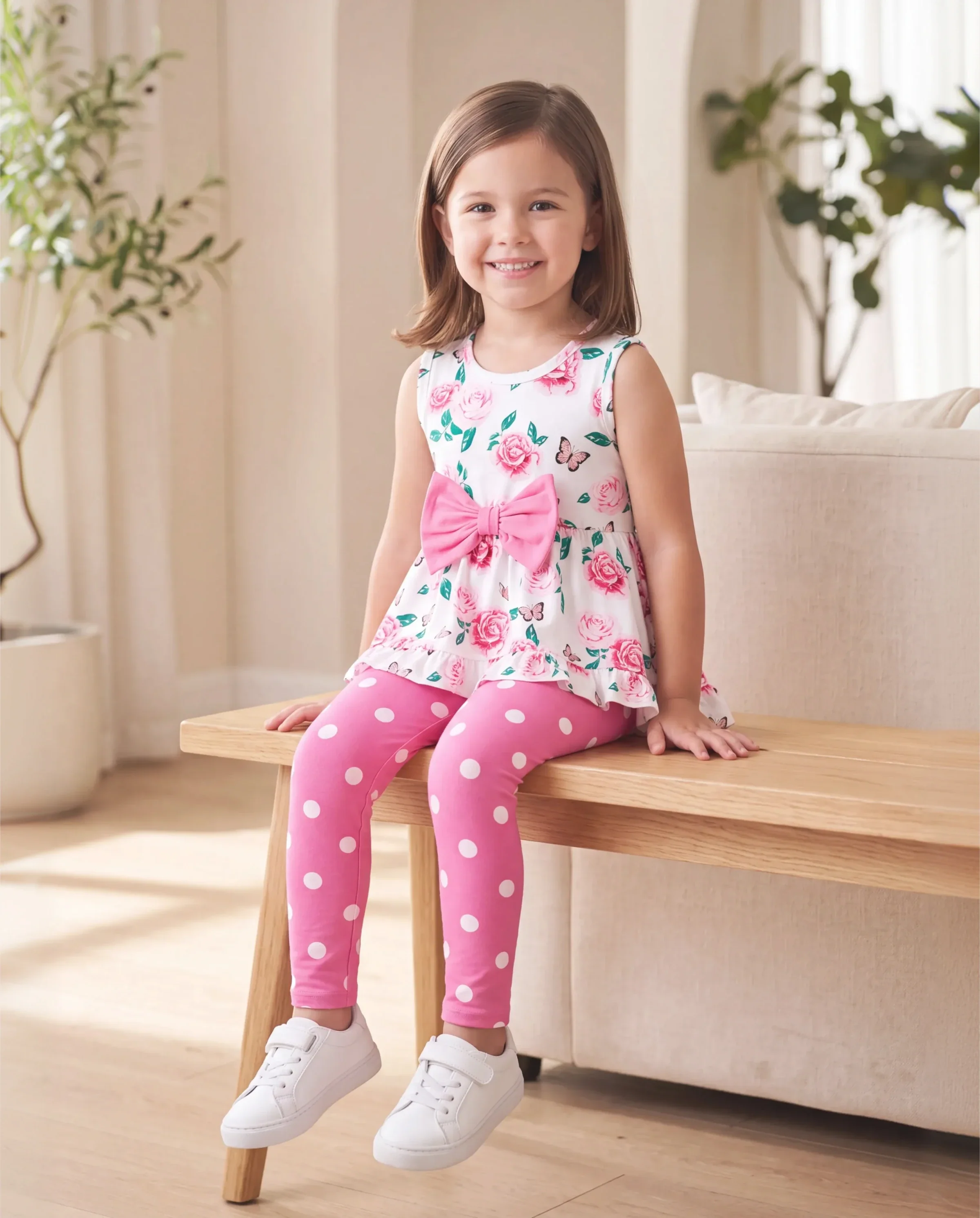 2-piece Toddler Girl Floral Print Bowknot Design Ruffled High Low Sleeveless Tee and Polka dots Pants Set Pink - Image 8