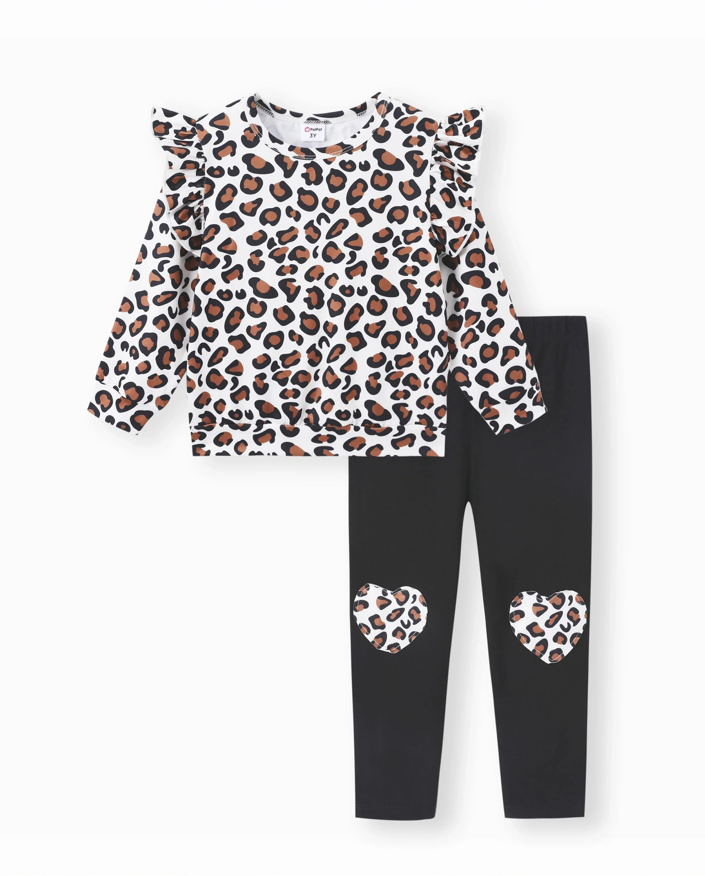 2-piece Toddler Girl Leopard Print Flutter Long-sleeve Top and Heart Pattern Pants Set Black - Image 7