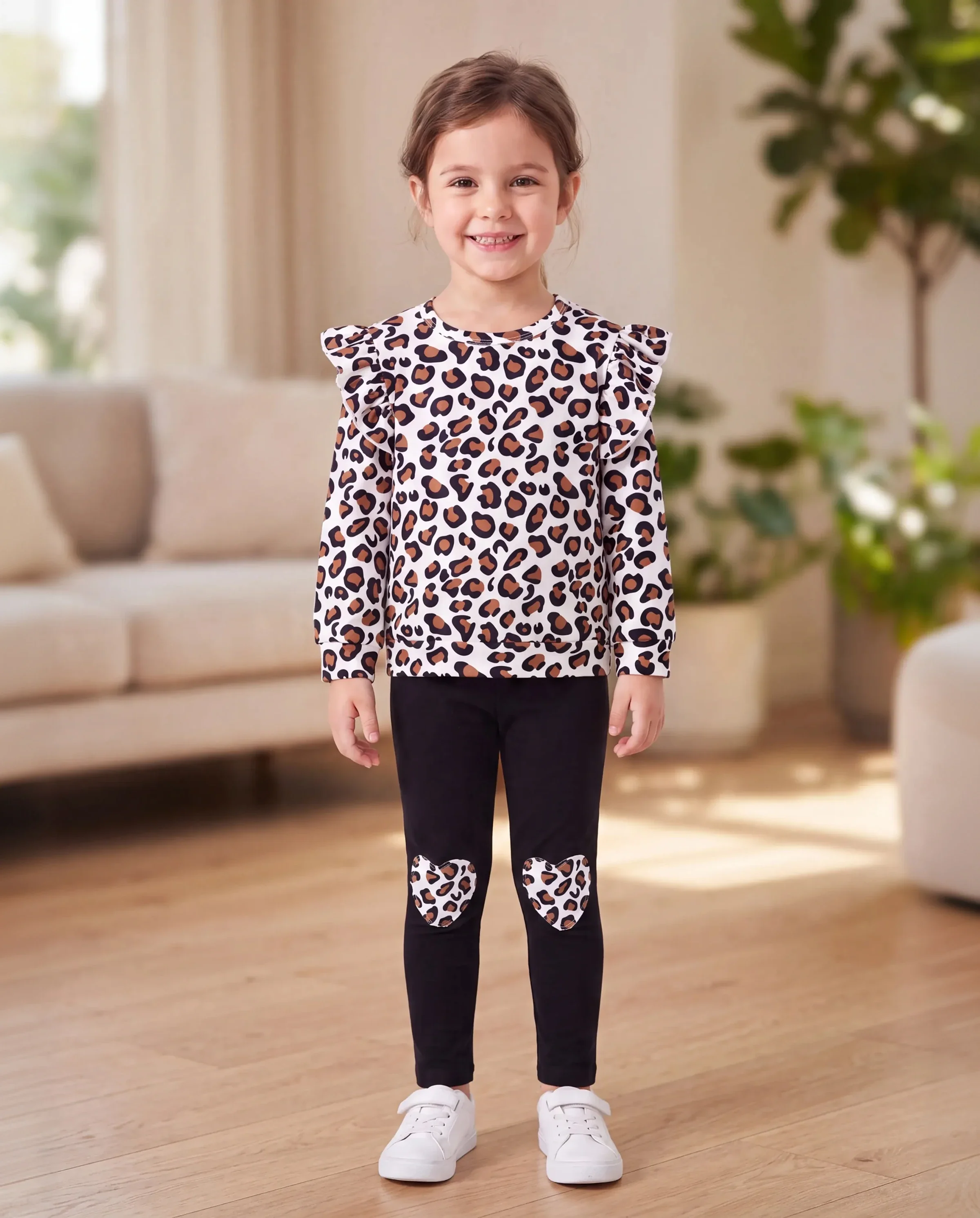 2-piece Toddler Girl Leopard Print Flutter Long-sleeve Top and Heart Pattern Pants Set Black - Image 8