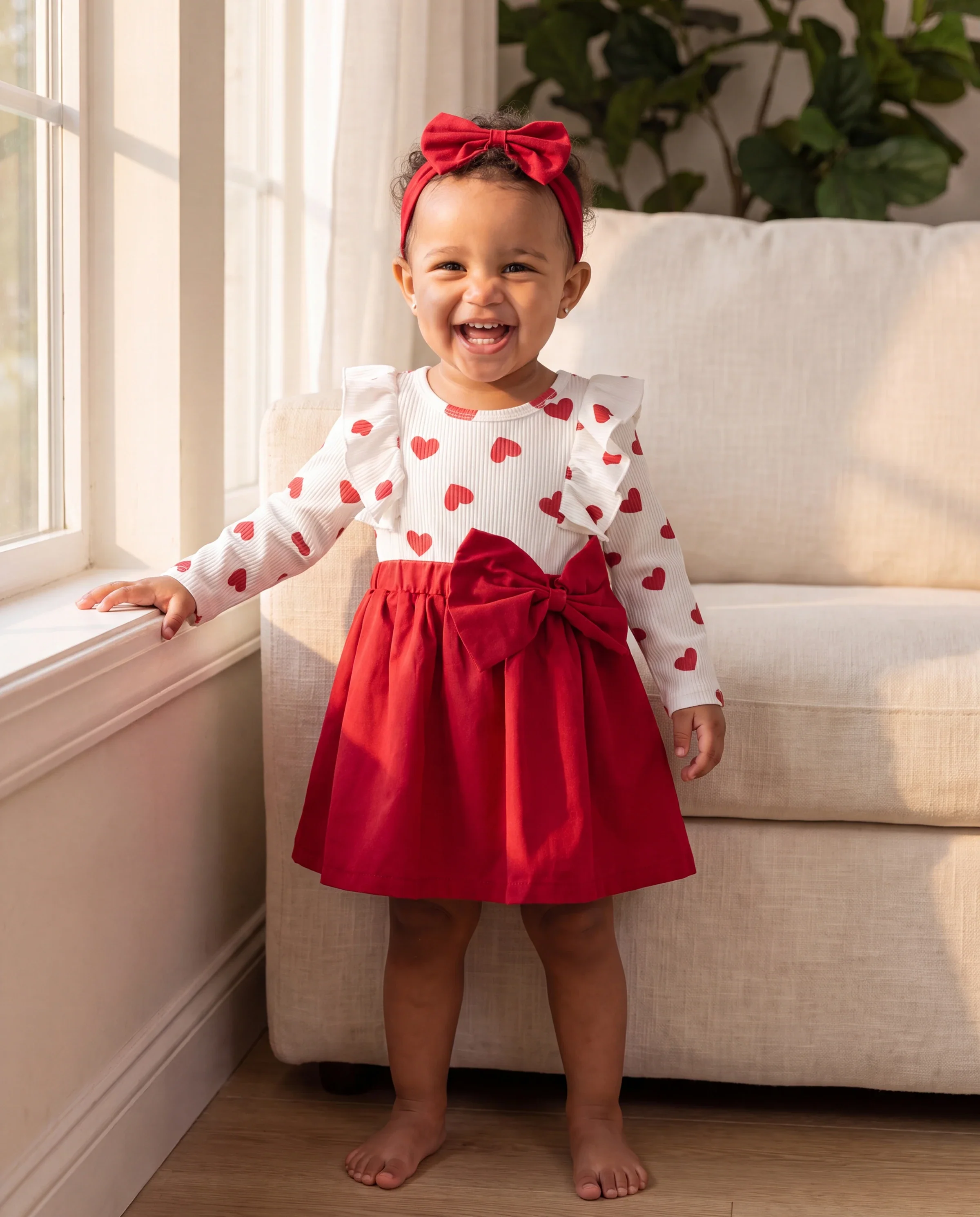 2pcs Baby Girl Heart-shaped and Bow Dress Set Red - Image 7