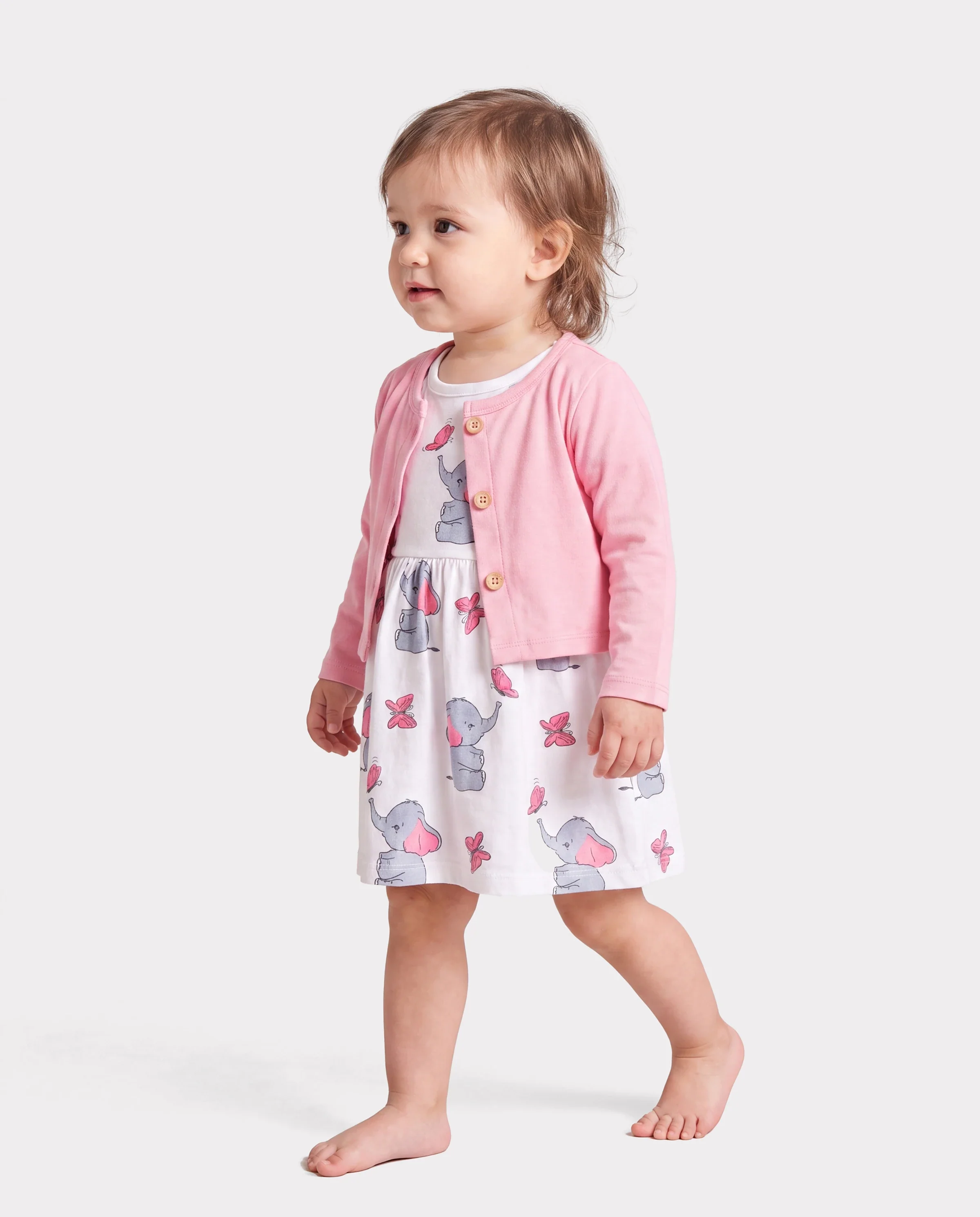 2pcs Baby Girl Pink Cardigan and Elephant Print Dress Set Pink - Image 3