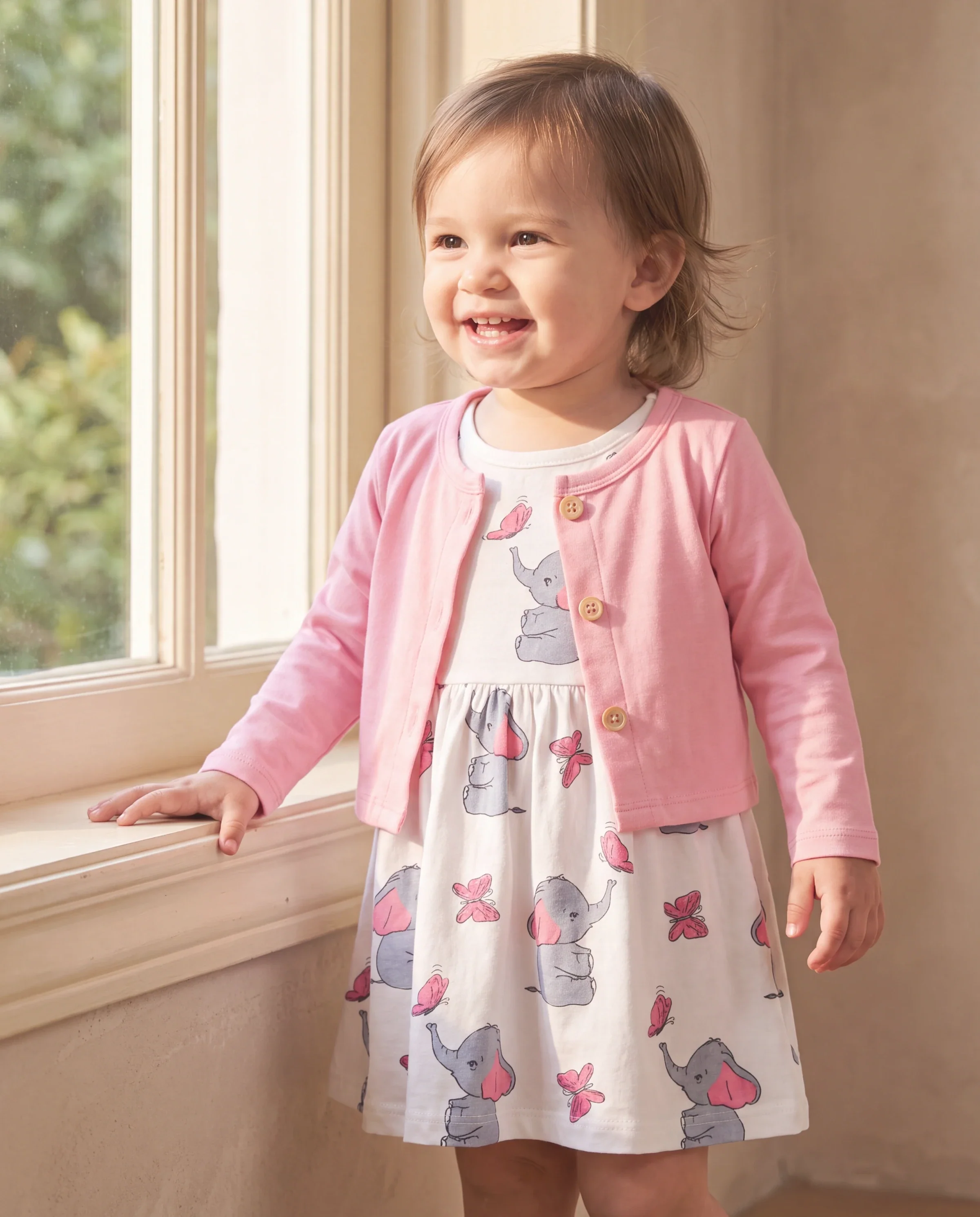 2pcs Baby Girl Pink Cardigan and Elephant Print Dress Set Pink - Image 6