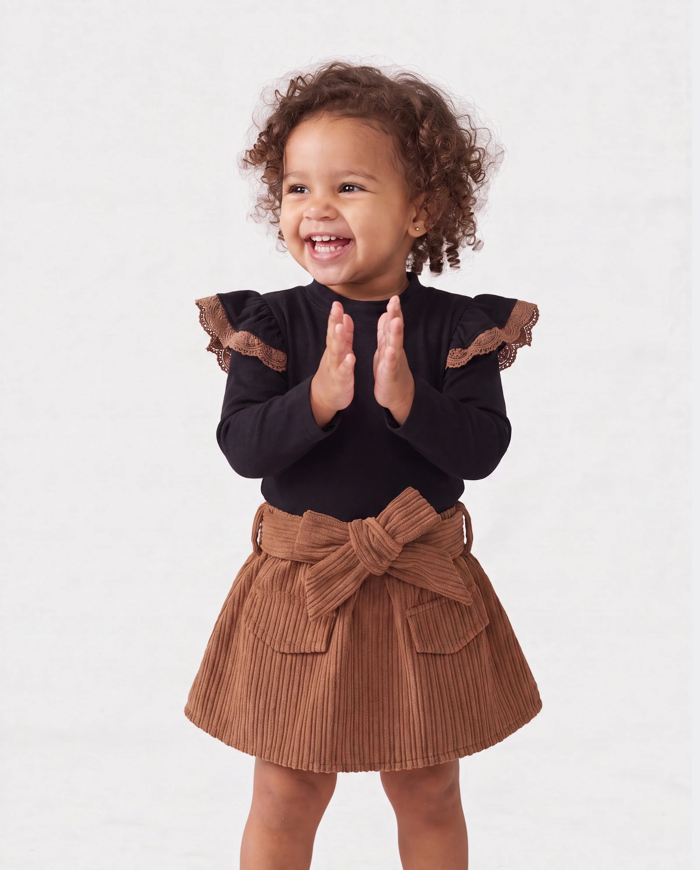 2PCS Baby Girl Solid Color Long Sleeve Lace Top/Belt Dress Set Brown
