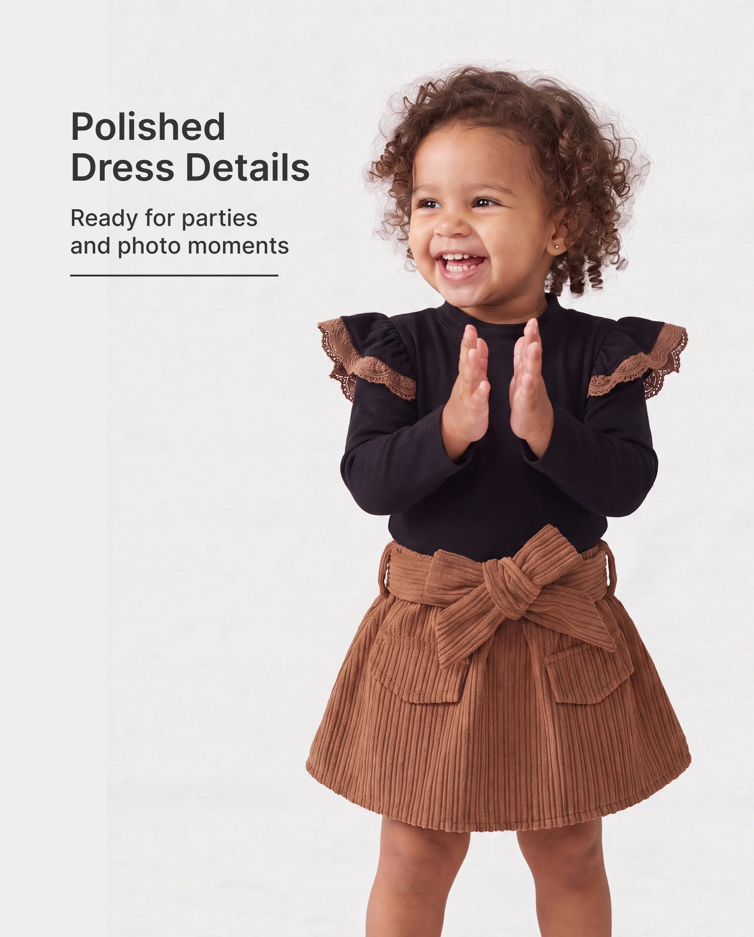2PCS Baby Girl Solid Color Long Sleeve Lace Top/Belt Dress Set Brown - Image 2