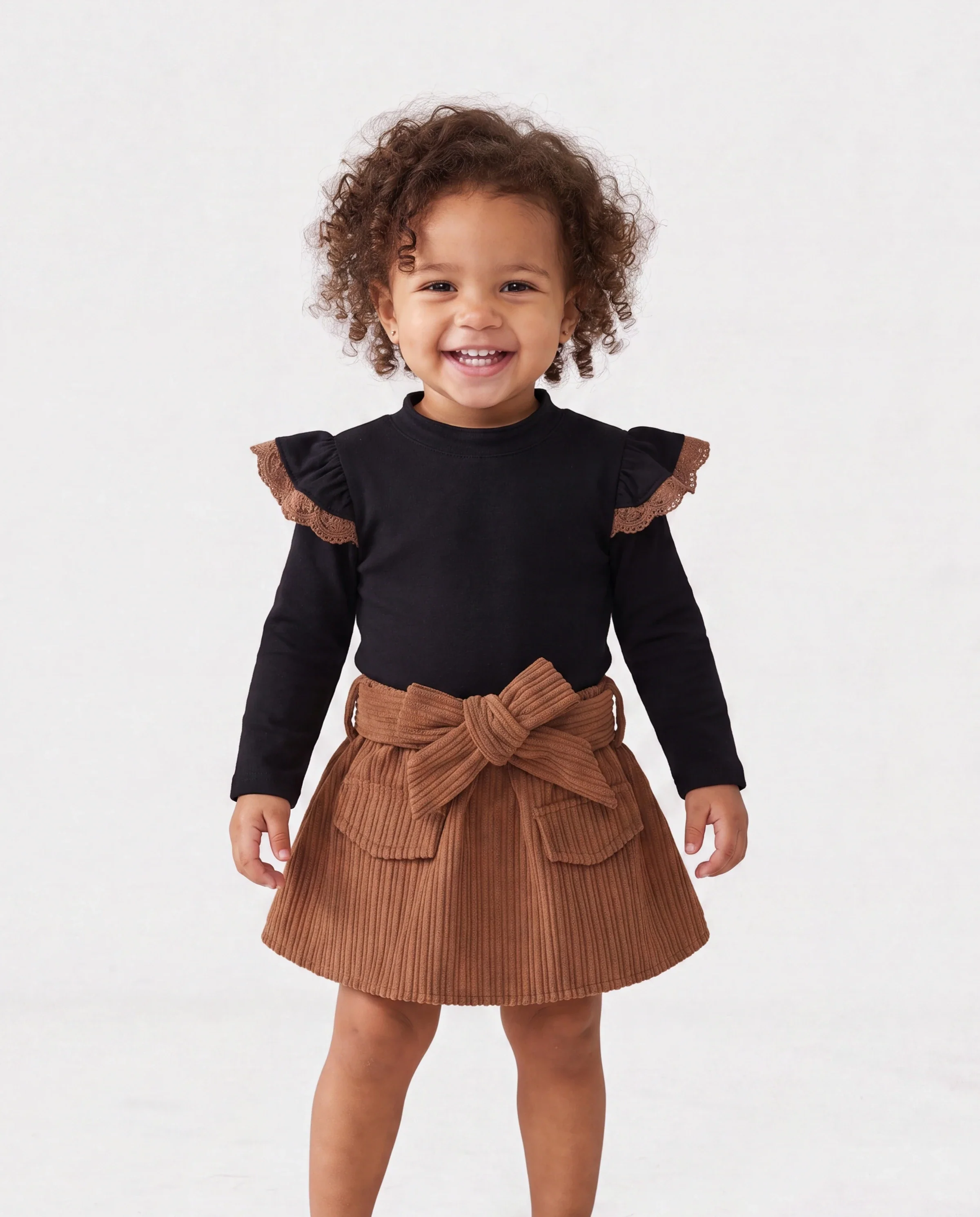 2PCS Baby Girl Solid Color Long Sleeve Lace Top/Belt Dress Set Brown - Image 4