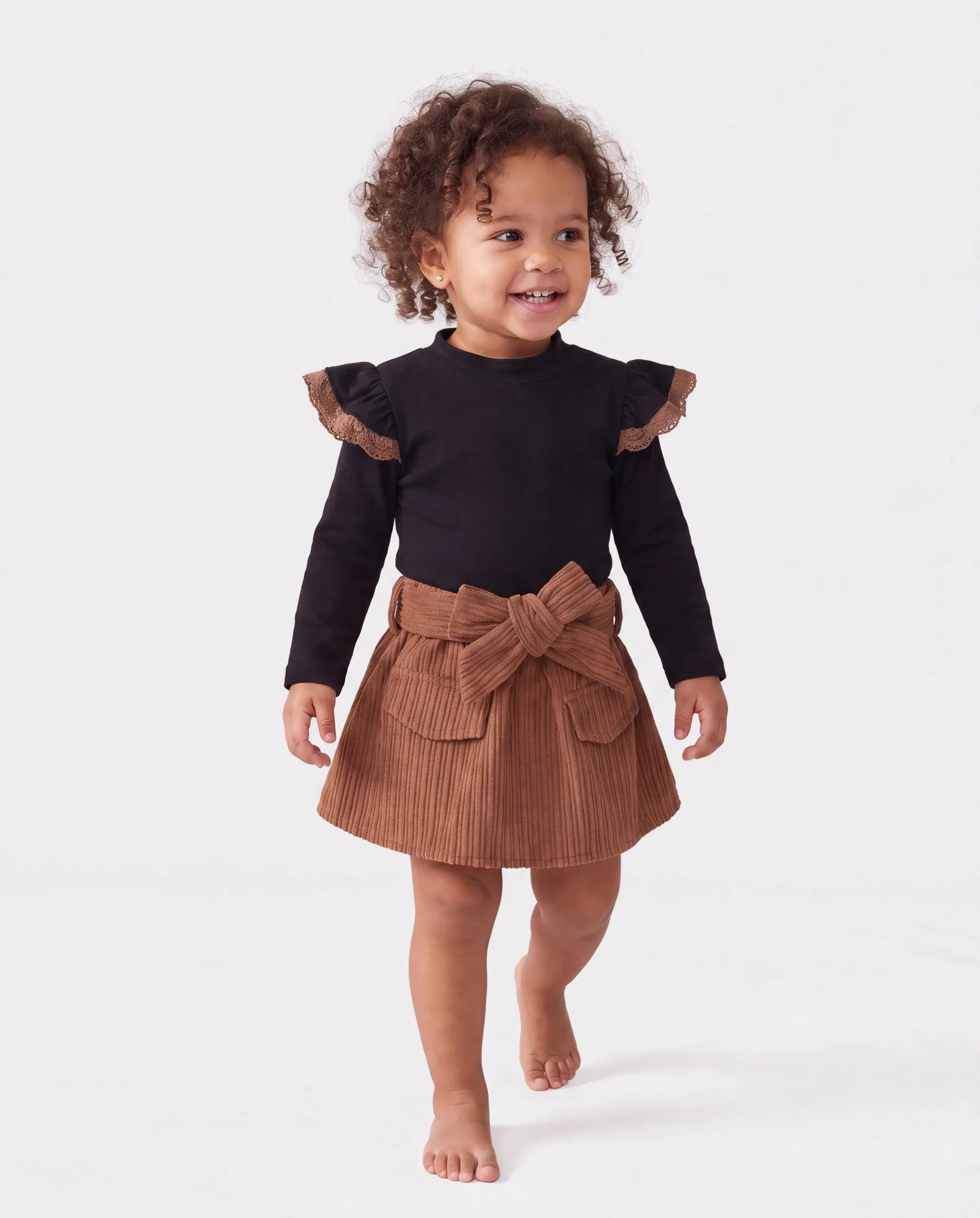 2PCS Baby Girl Solid Color Long Sleeve Lace Top/Belt Dress Set Brown - Image 6