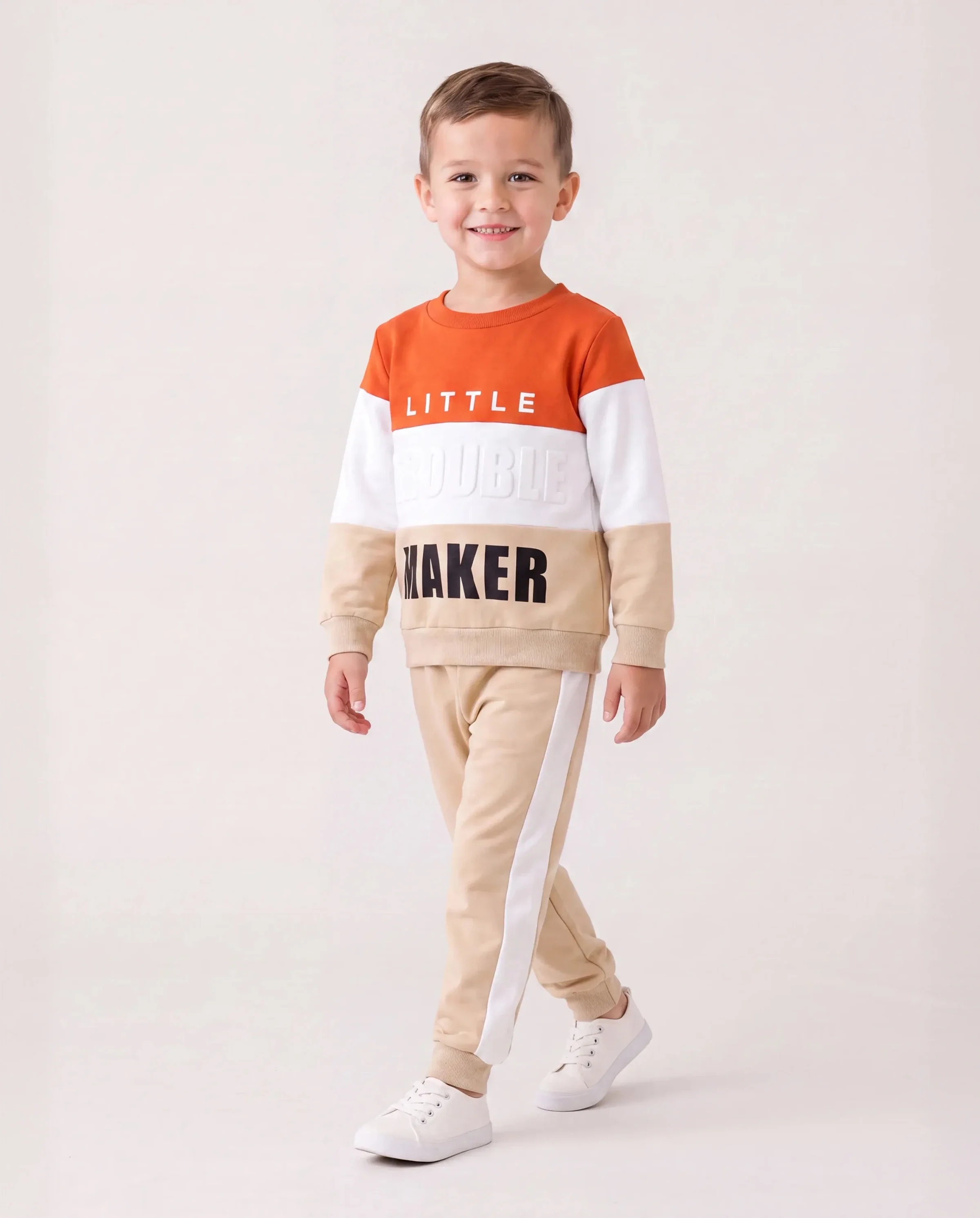 2pcs Toddler Boy Trendy Letter Print Colorblock Sweatshirt and Pants Set Apricot - Image 2