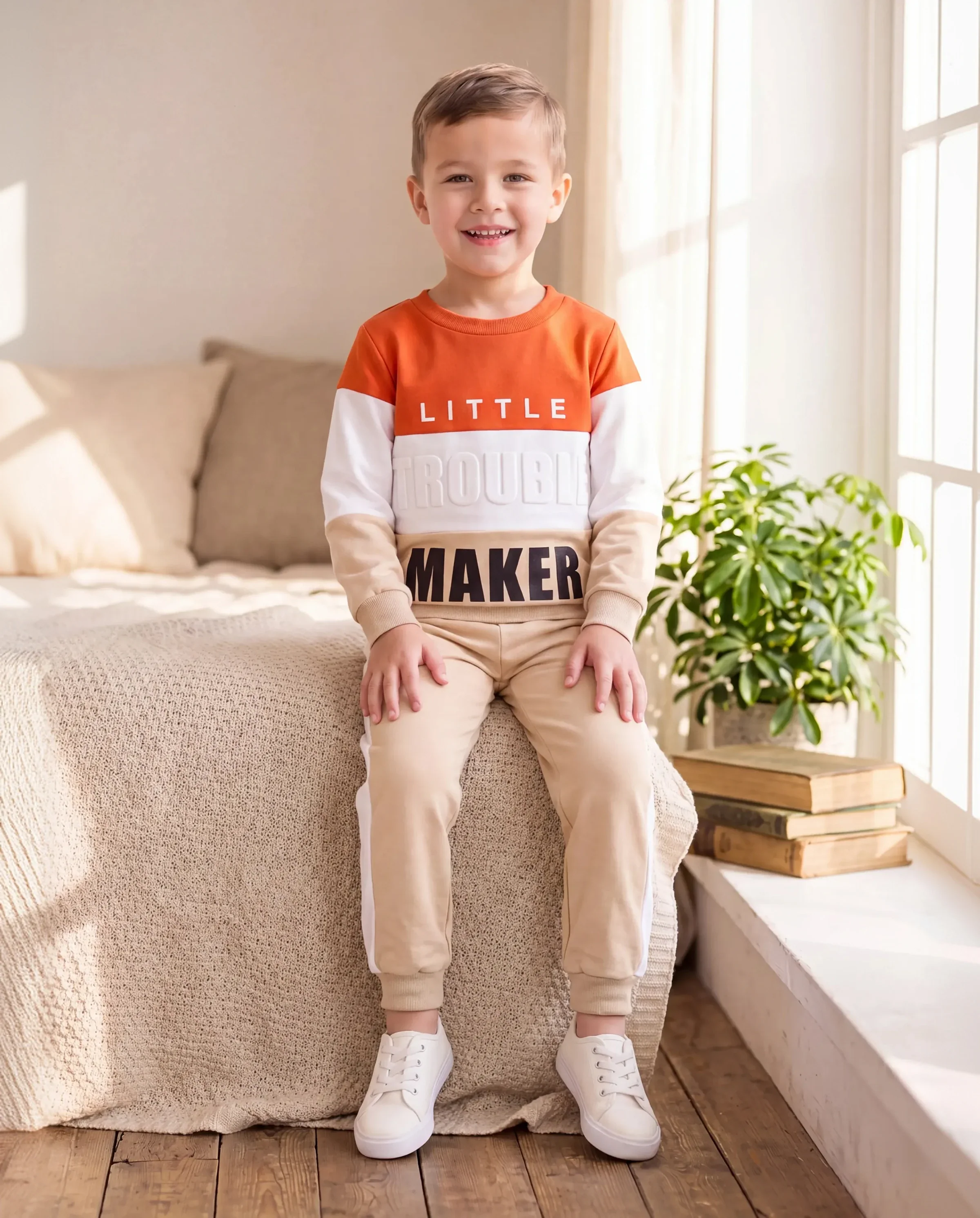 2pcs Toddler Boy Trendy Letter Print Colorblock Sweatshirt and Pants Set Apricot - Image 8