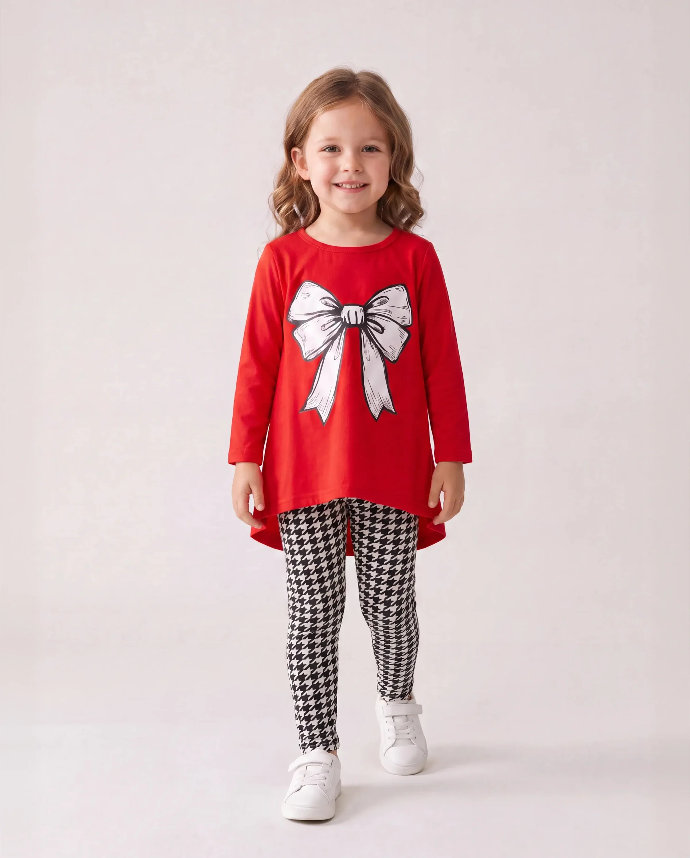 2pcs Toddler Girl Bowknot Print High Low Long-sleeve Tee and Houndstooth Leggings Set Red-2 - Image 2