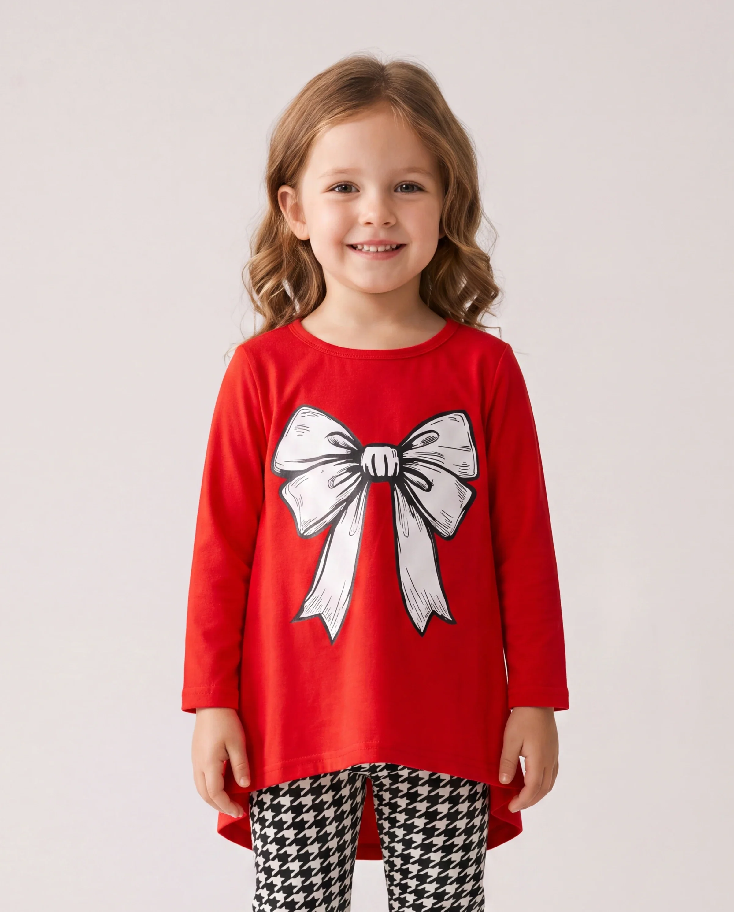 2pcs Toddler Girl Bowknot Print High Low Long-sleeve Tee and Houndstooth Leggings Set Red-2 - Image 3