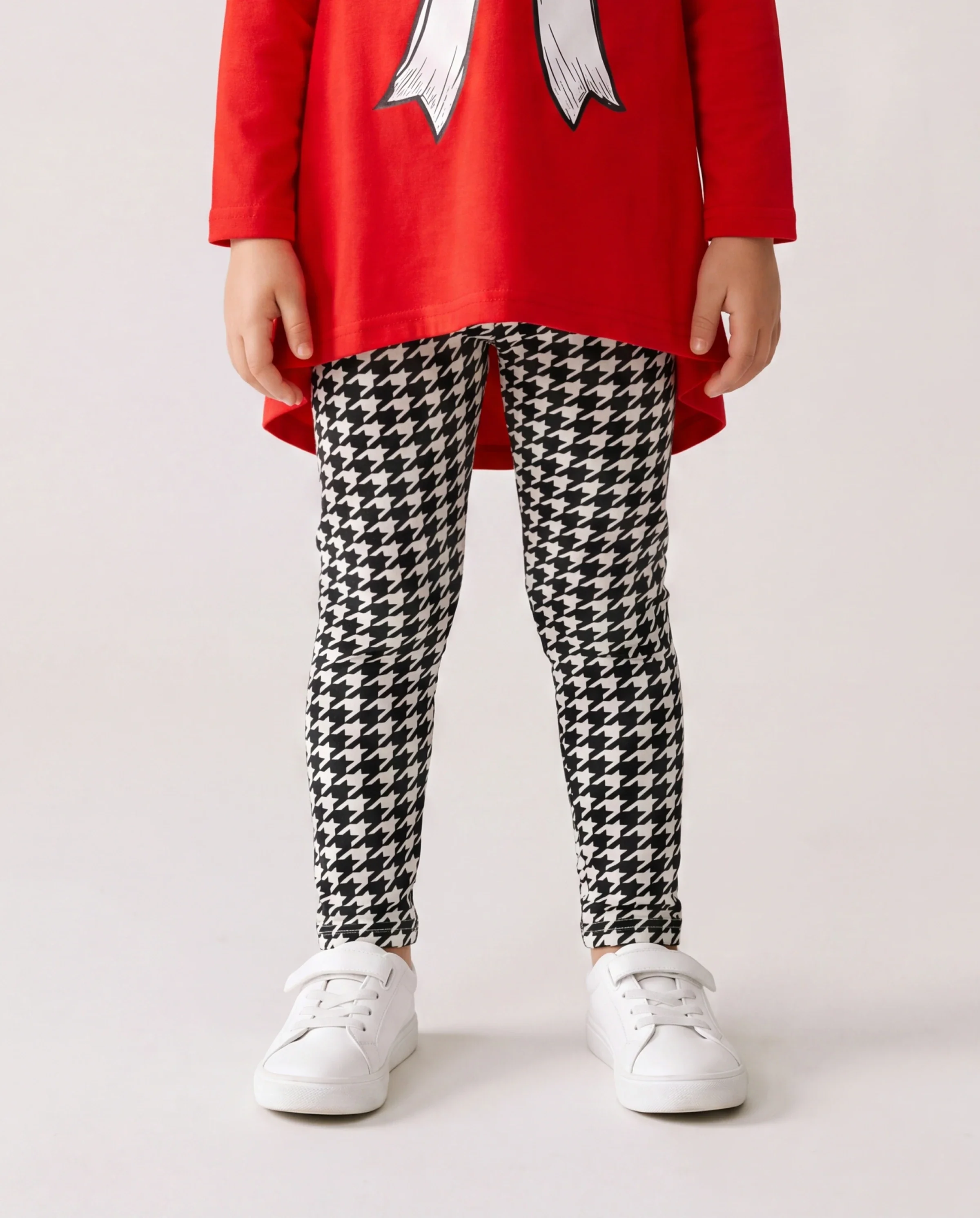 2pcs Toddler Girl Bowknot Print High Low Long-sleeve Tee and Houndstooth Leggings Set Red-2 - Image 4