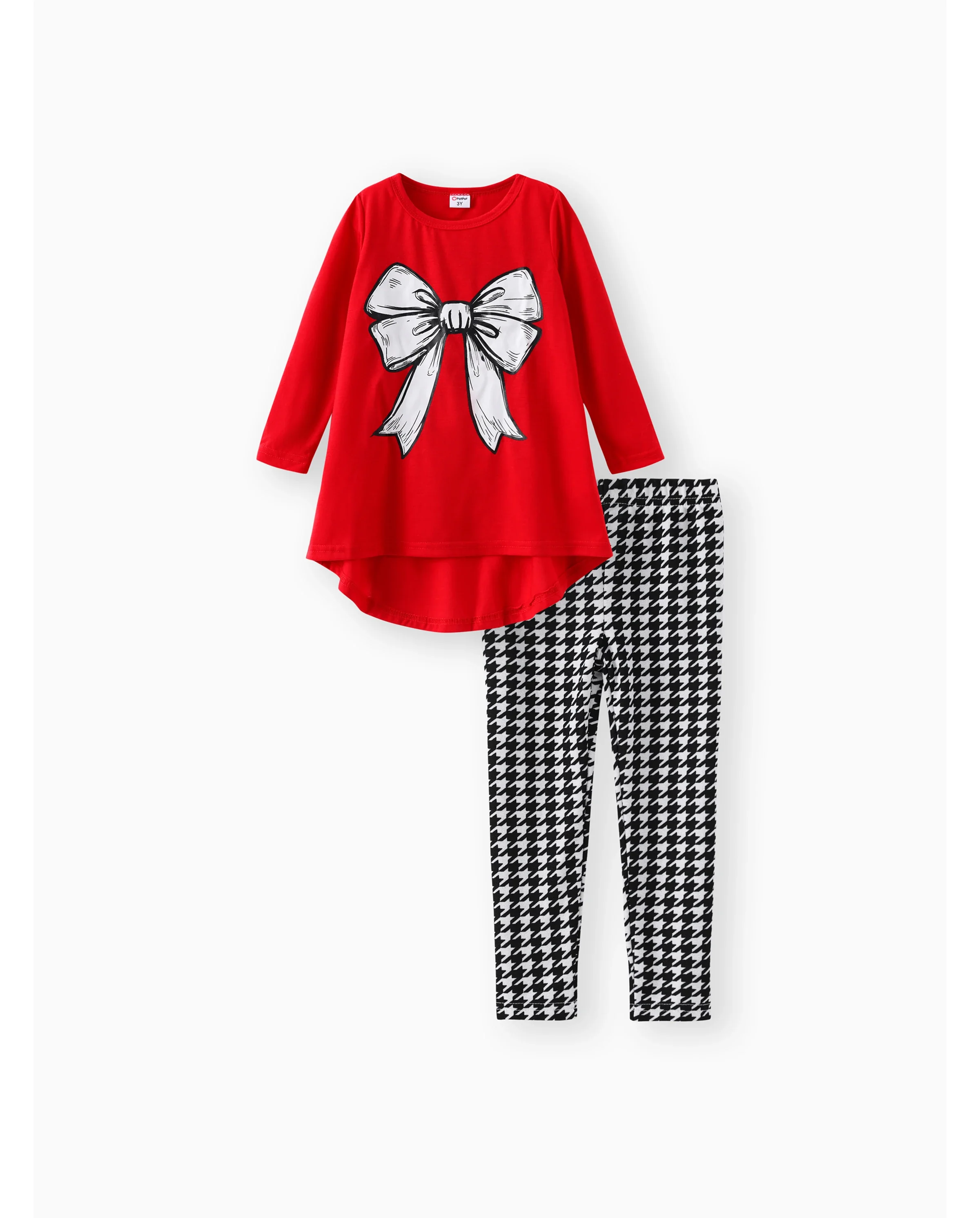 2pcs Toddler Girl Bowknot Print High Low Long-sleeve Tee and Houndstooth Leggings Set Red-2 - Image 6