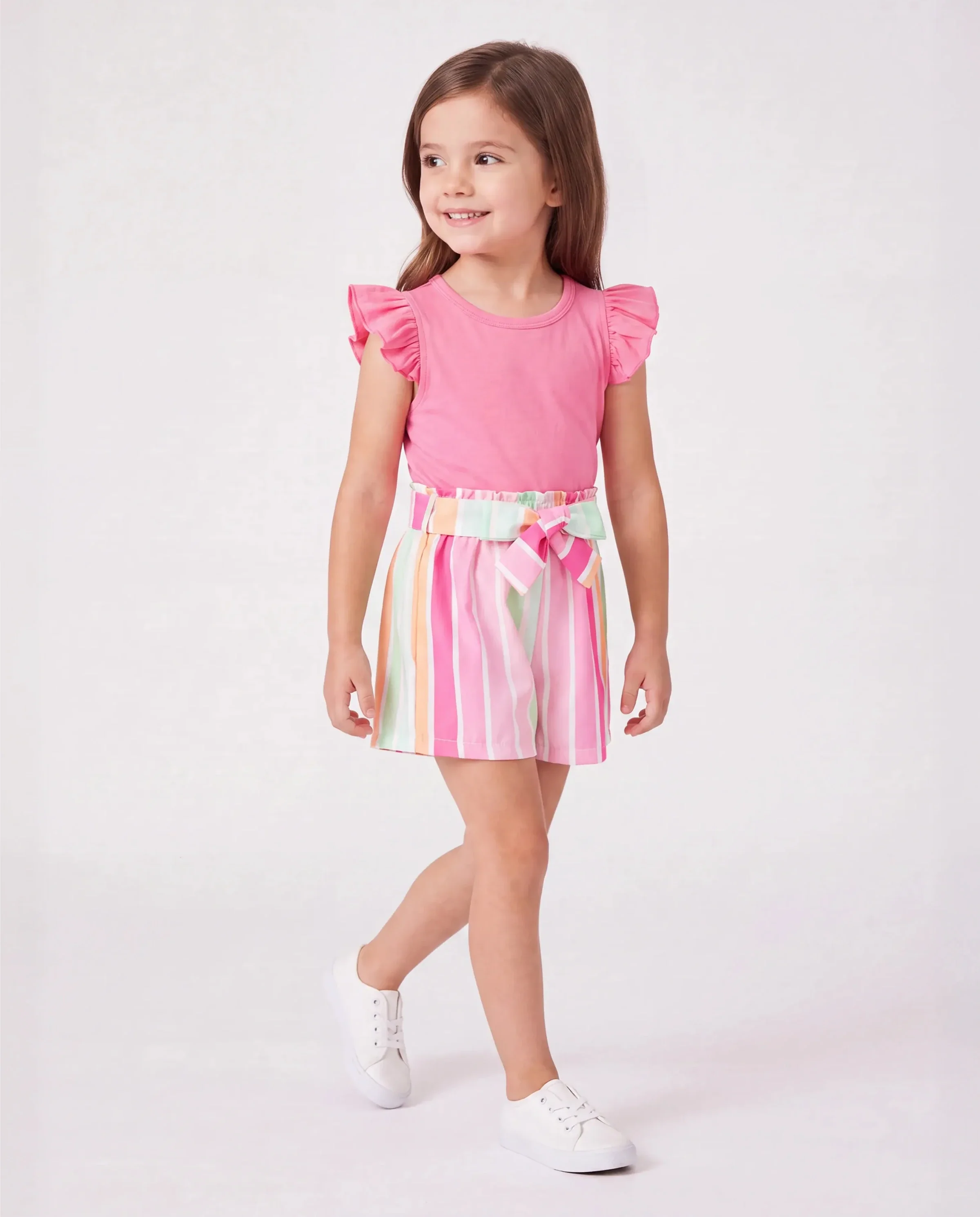 2pcs Toddler Girl Sweet Flutter-sleeve Tee and Stripe Belted Shorts Set Hot Pink - Image 2
