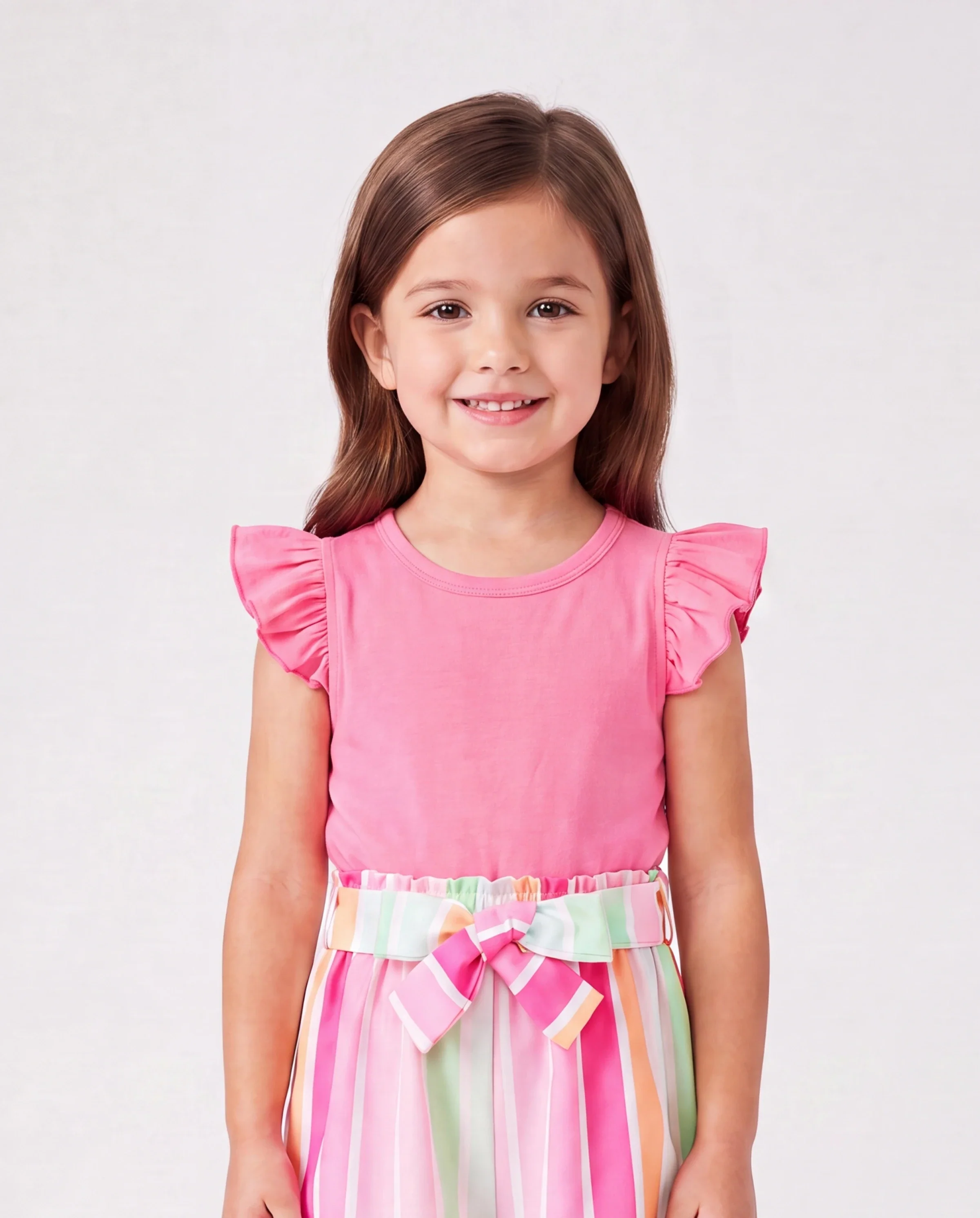 2pcs Toddler Girl Sweet Flutter-sleeve Tee and Stripe Belted Shorts Set Hot Pink - Image 3