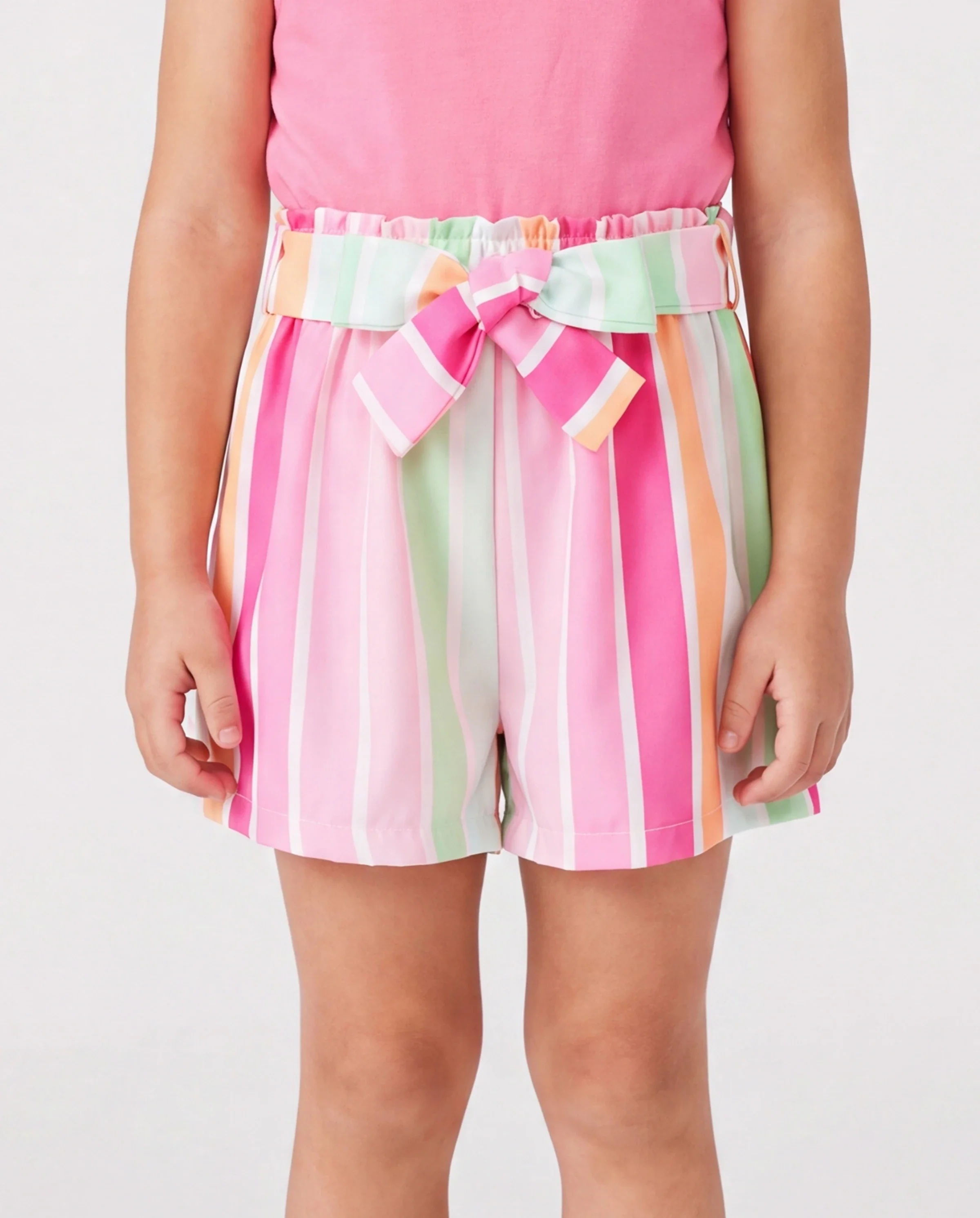 2pcs Toddler Girl Sweet Flutter-sleeve Tee and Stripe Belted Shorts Set Hot Pink - Image 4