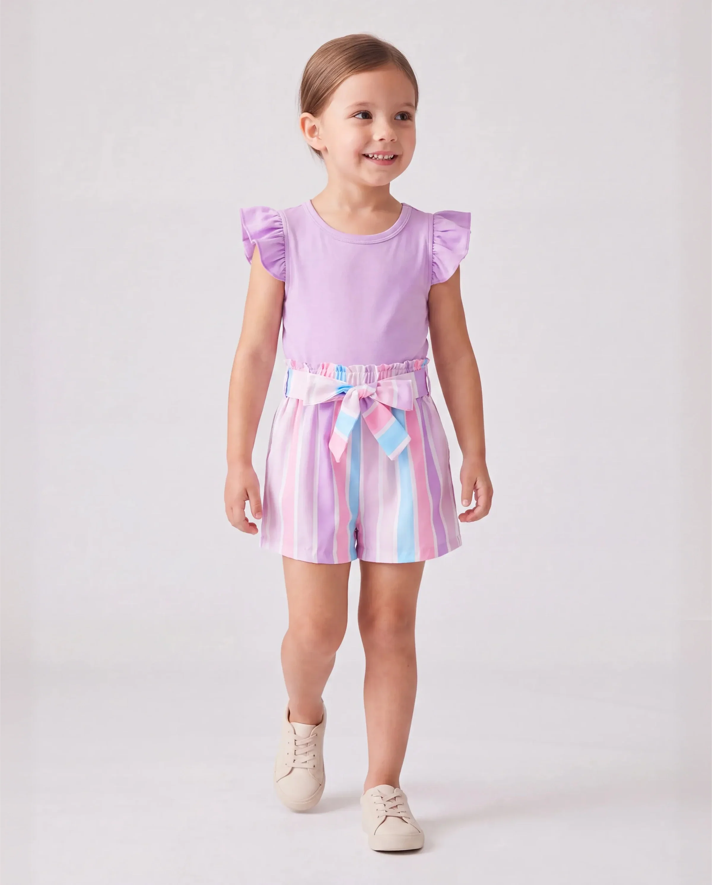 2pcs Toddler Girl Sweet Flutter-sleeve Tee and Stripe Belted Shorts Set Light Purple - Image 2