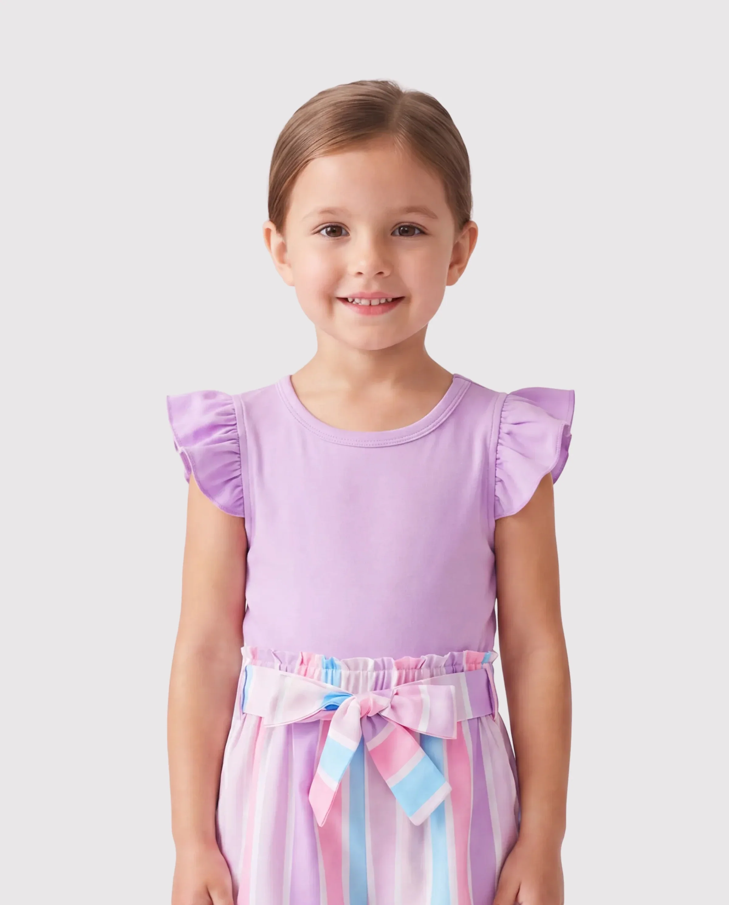 2pcs Toddler Girl Sweet Flutter-sleeve Tee and Stripe Belted Shorts Set Light Purple - Image 3
