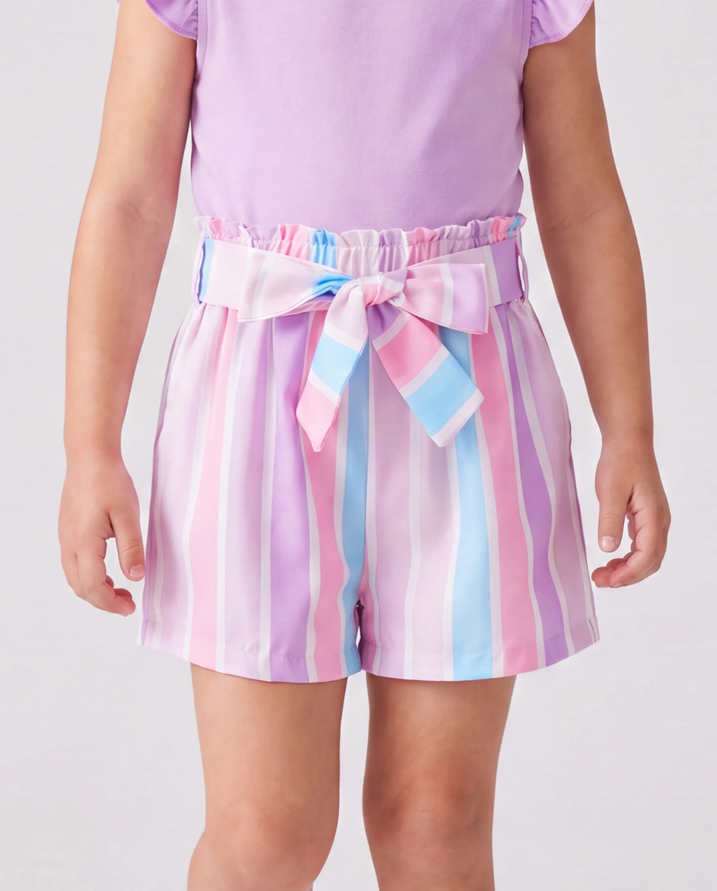 2pcs Toddler Girl Sweet Flutter-sleeve Tee and Stripe Belted Shorts Set Light Purple - Image 4