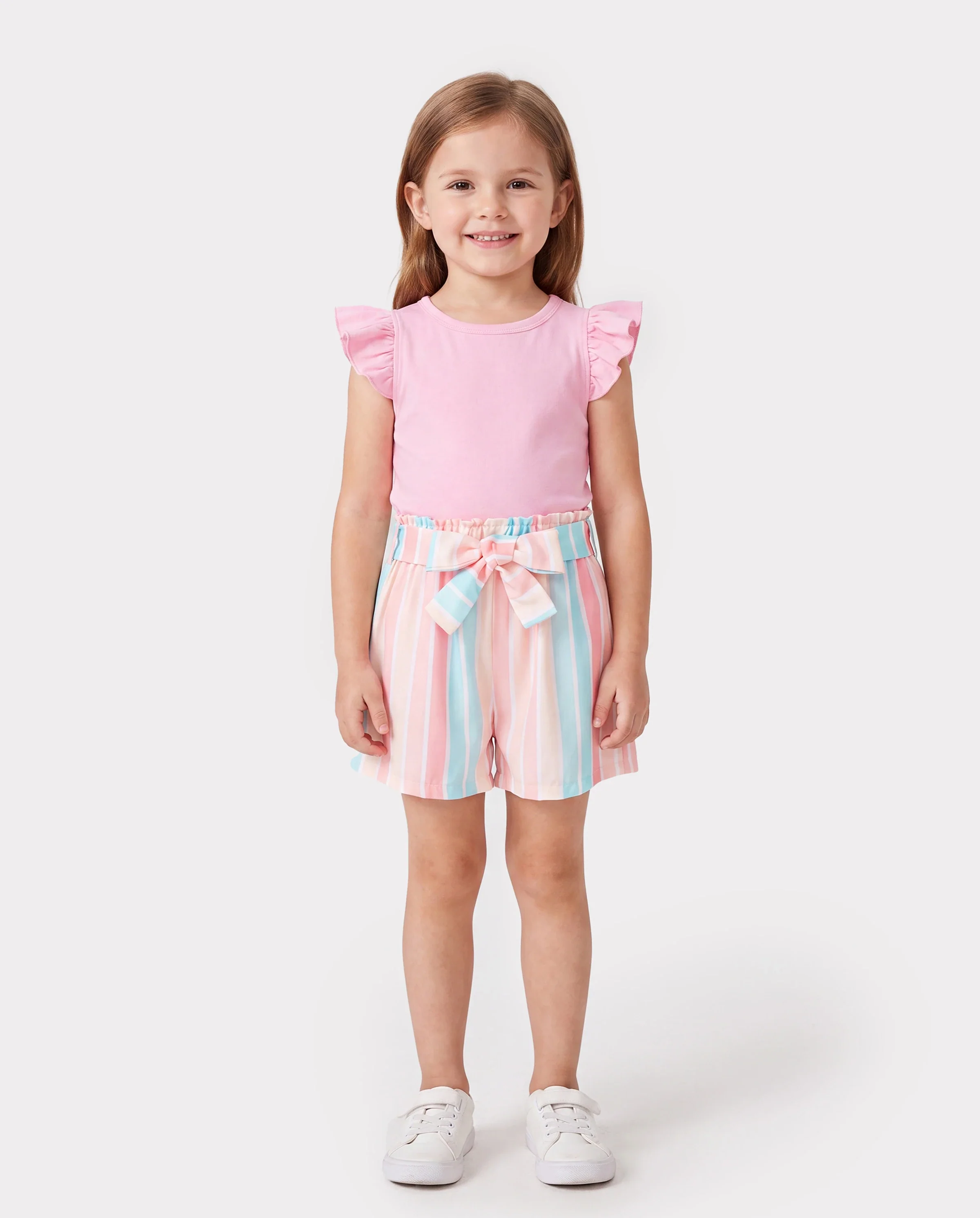 2pcs Toddler Girl Sweet Flutter-sleeve Tee and Stripe Belted Shorts Set Pink