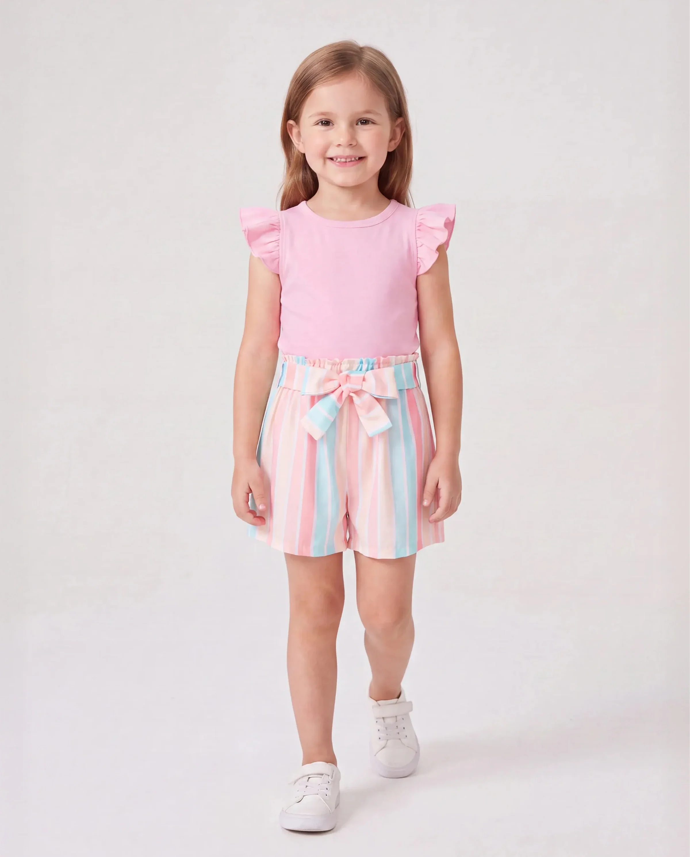 2pcs Toddler Girl Sweet Flutter-sleeve Tee and Stripe Belted Shorts Set Pink - Image 2