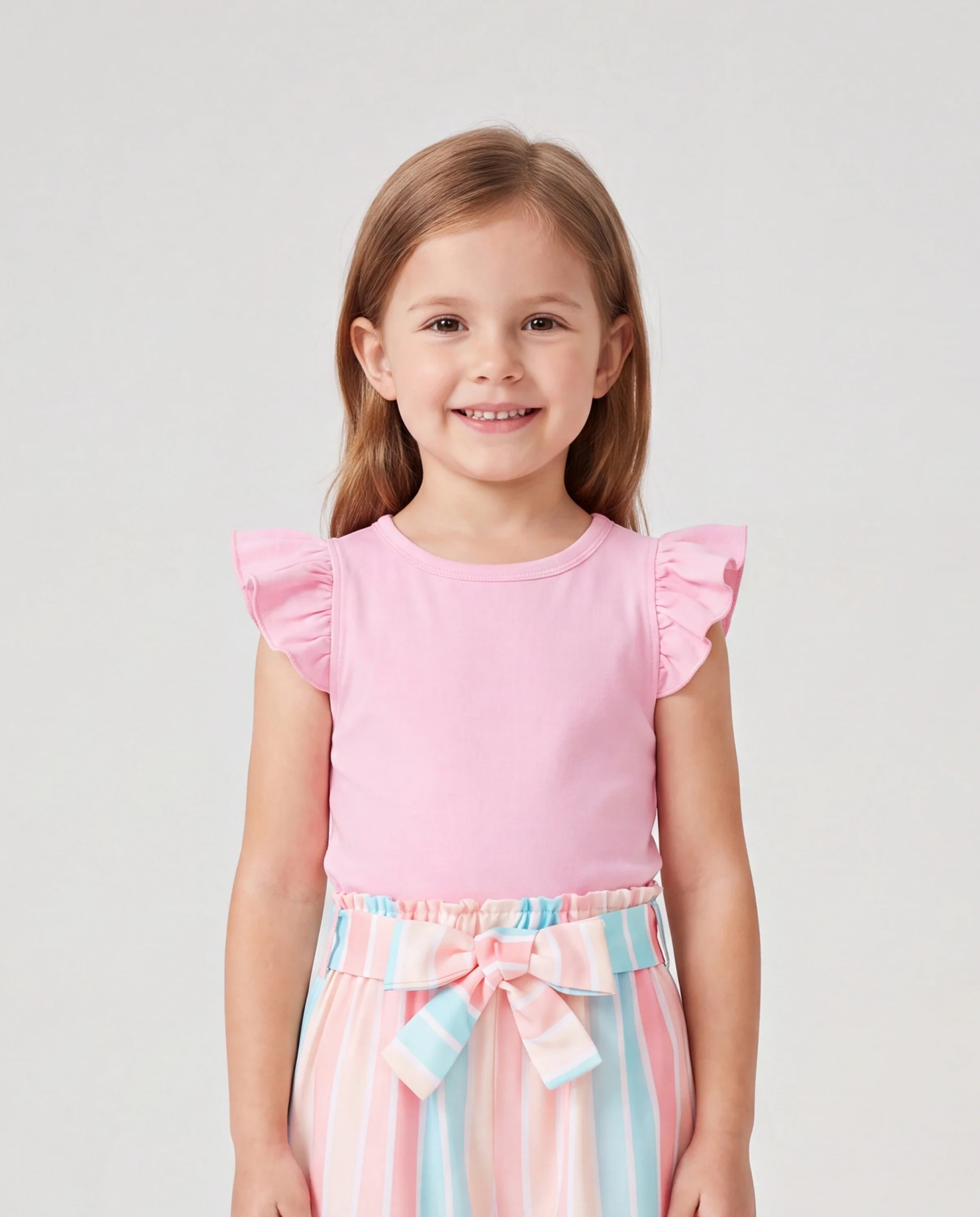 2pcs Toddler Girl Sweet Flutter-sleeve Tee and Stripe Belted Shorts Set Pink - Image 3