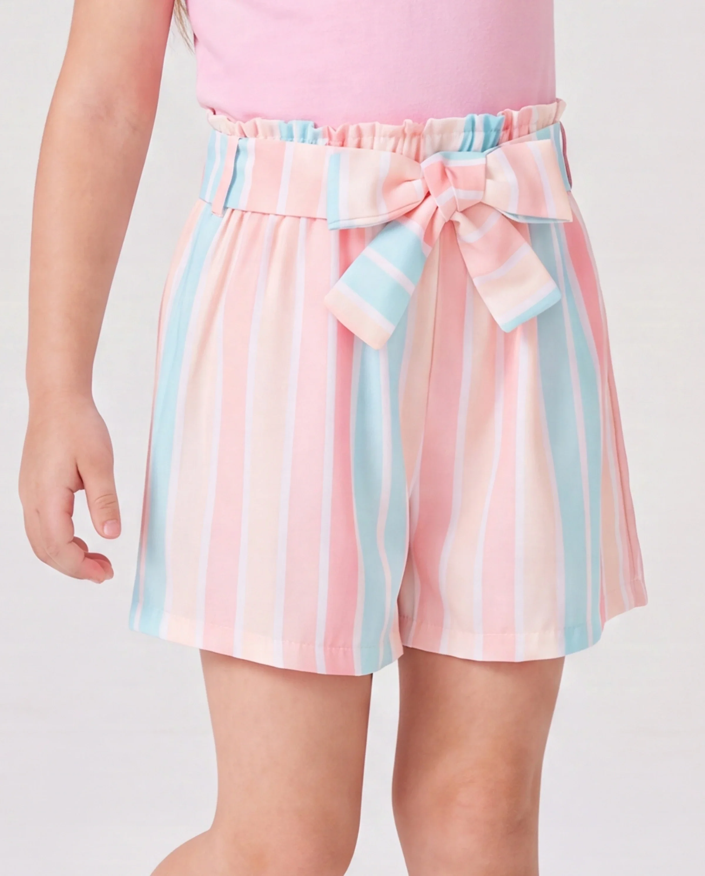 2pcs Toddler Girl Sweet Flutter-sleeve Tee and Stripe Belted Shorts Set Pink - Image 4