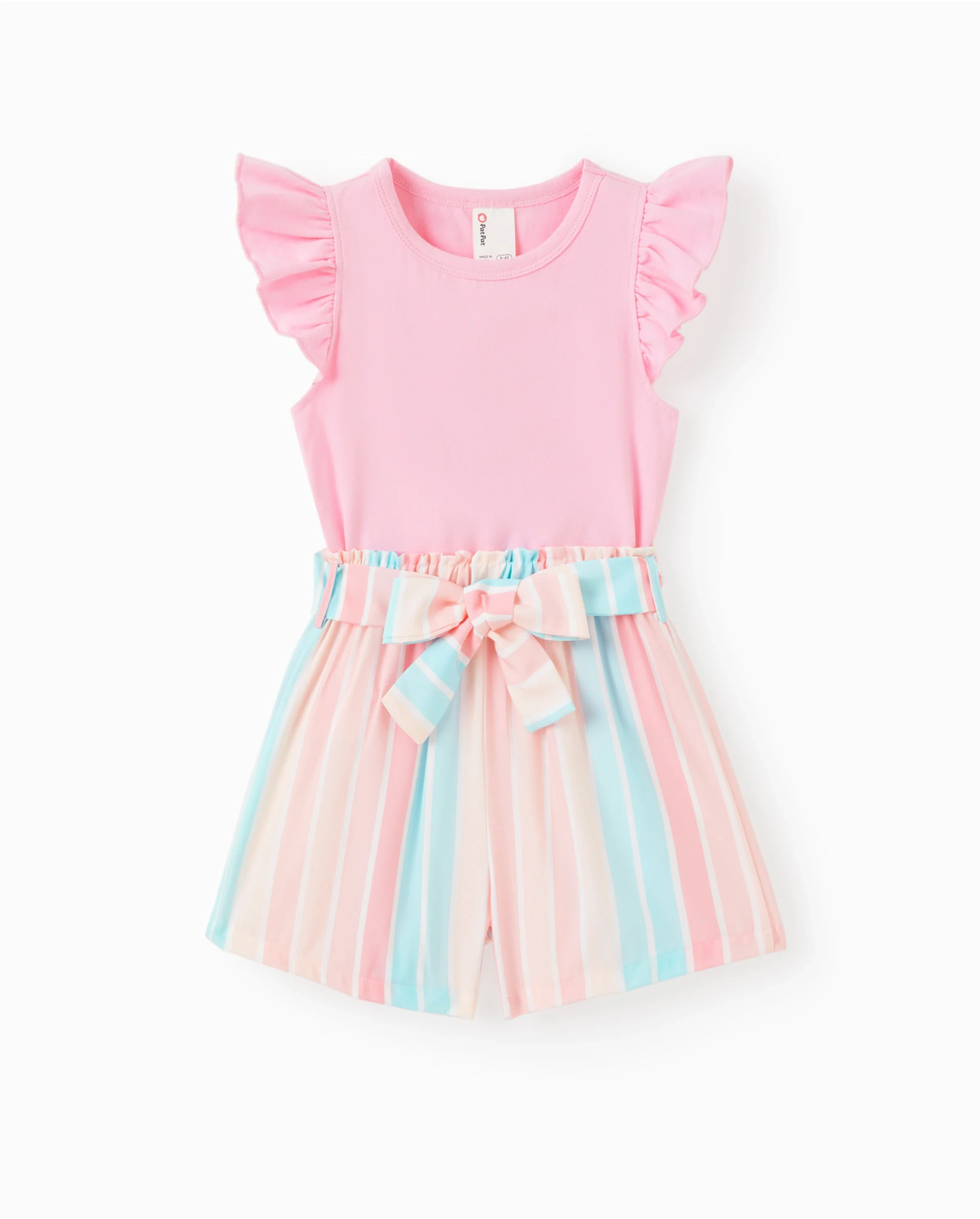 2pcs Toddler Girl Sweet Flutter-sleeve Tee and Stripe Belted Shorts Set Pink - Image 7