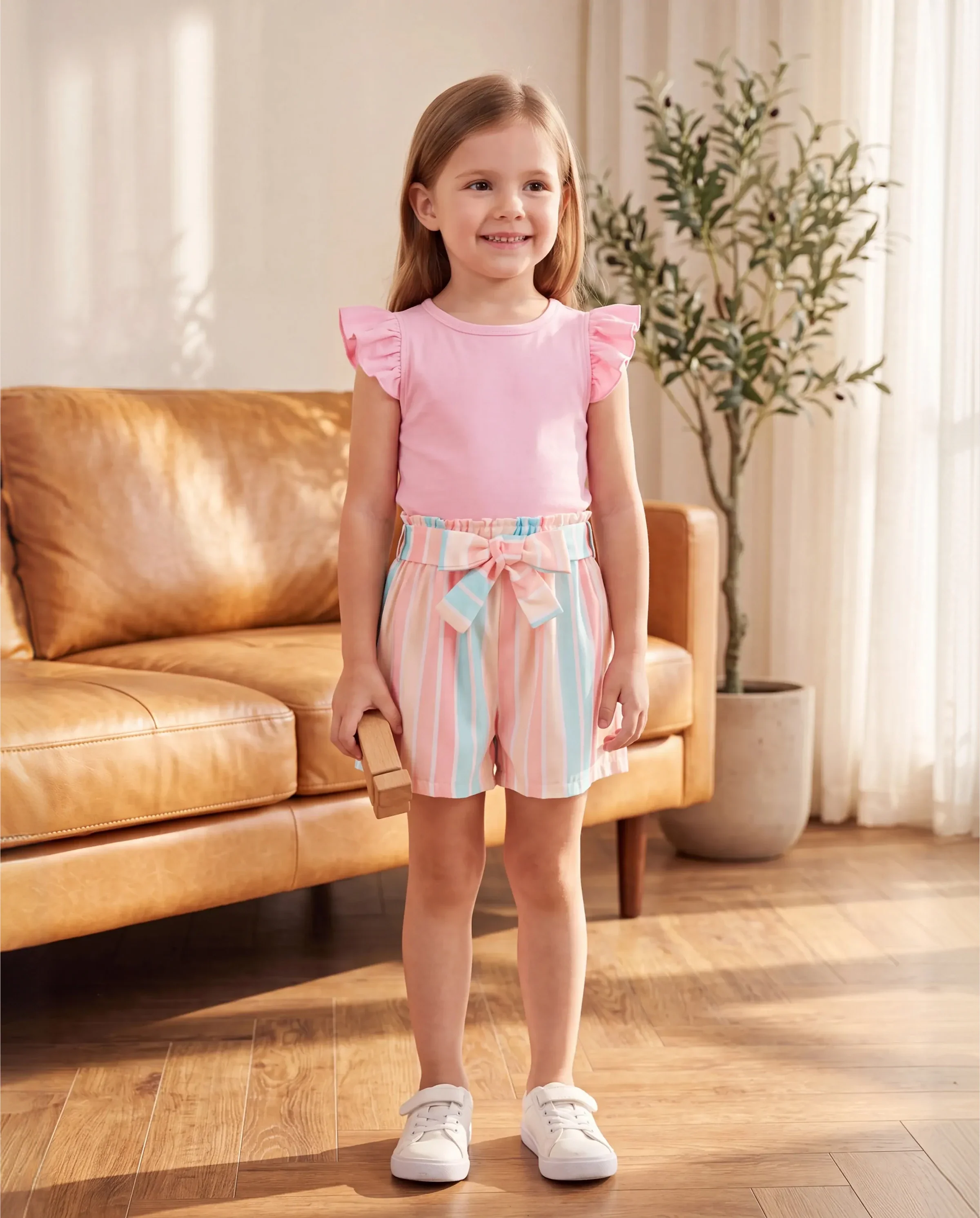 2pcs Toddler Girl Sweet Flutter-sleeve Tee and Stripe Belted Shorts Set Pink - Image 8