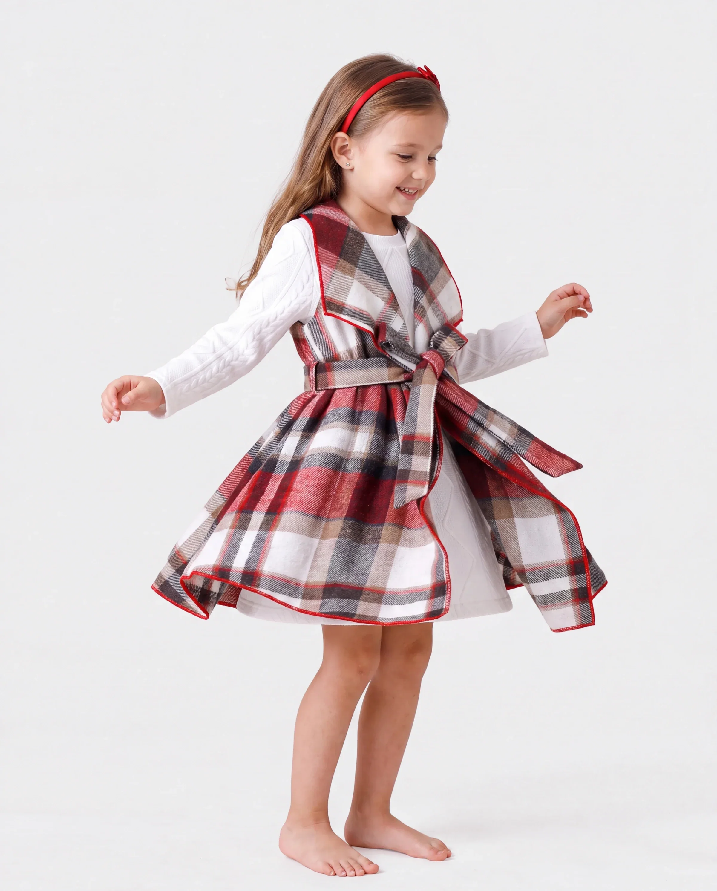3PCS Toddler Girl Asymmetrical Hemline Classic Grid Dress Set Red - Image 4