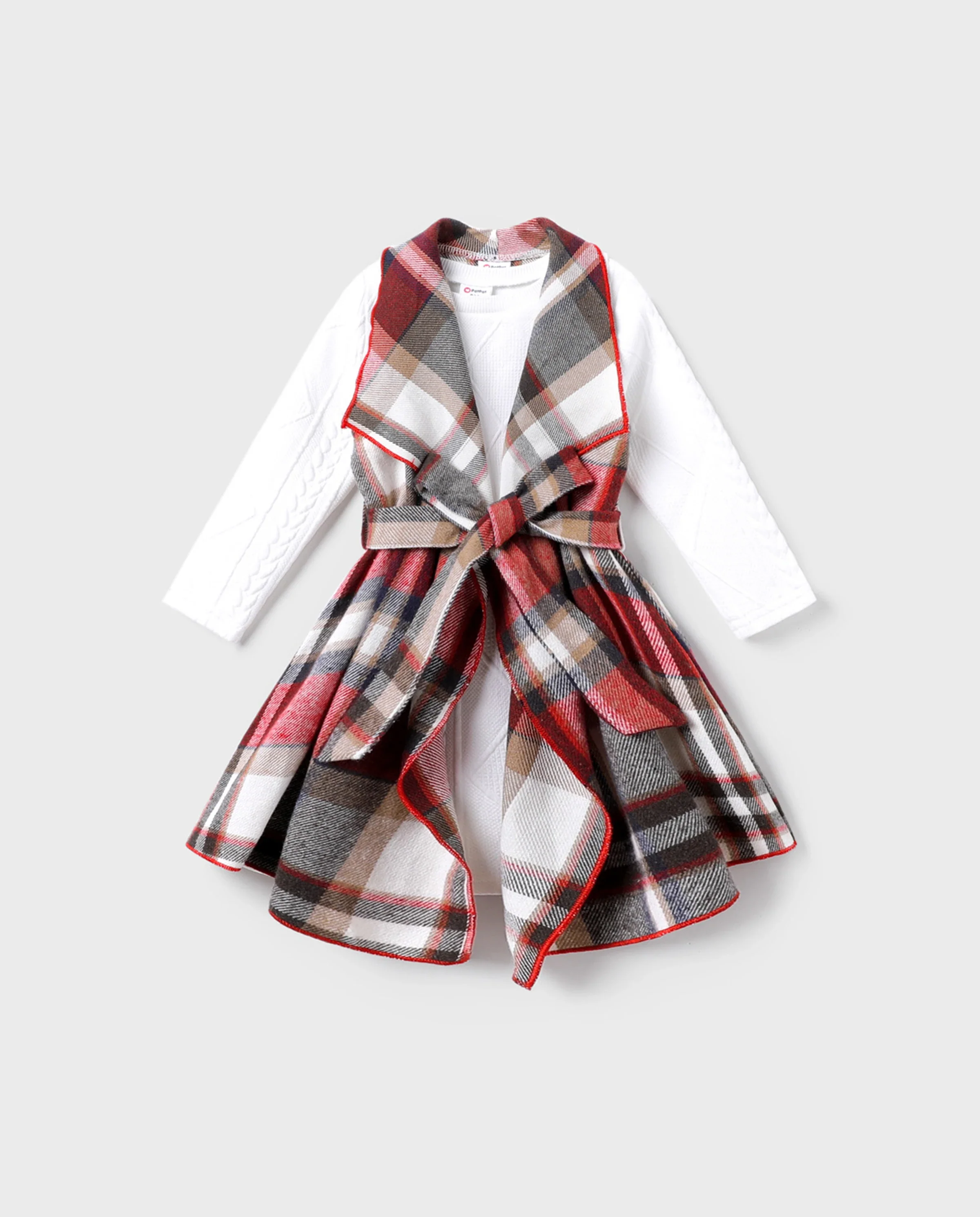 3PCS Toddler Girl Asymmetrical Hemline Classic Grid Dress Set Red - Image 5
