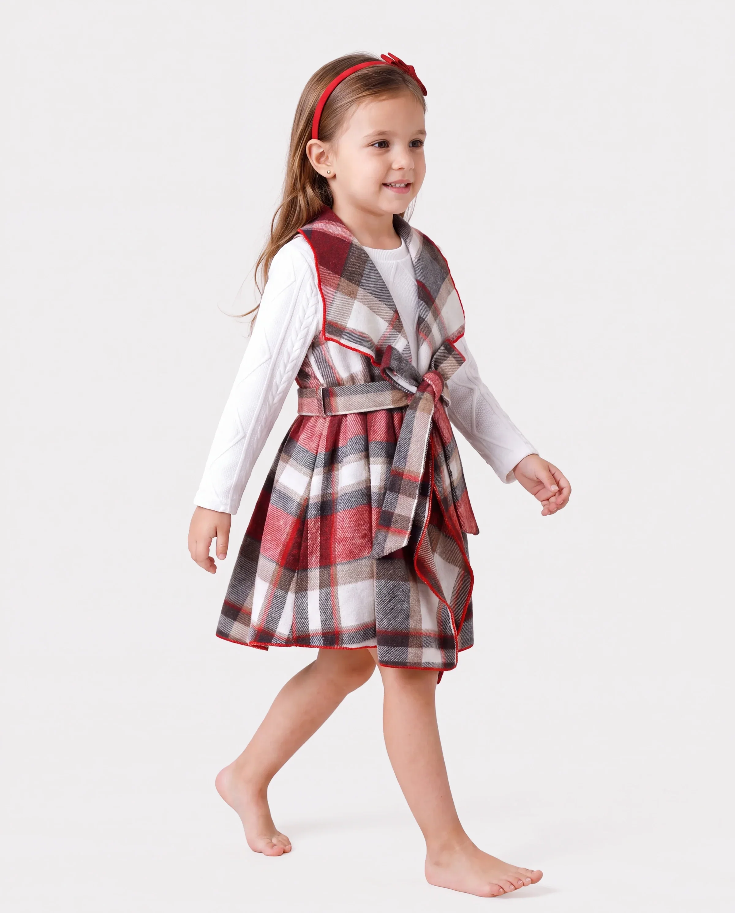 3PCS Toddler Girl Asymmetrical Hemline Classic Grid Dress Set Red - Image 6