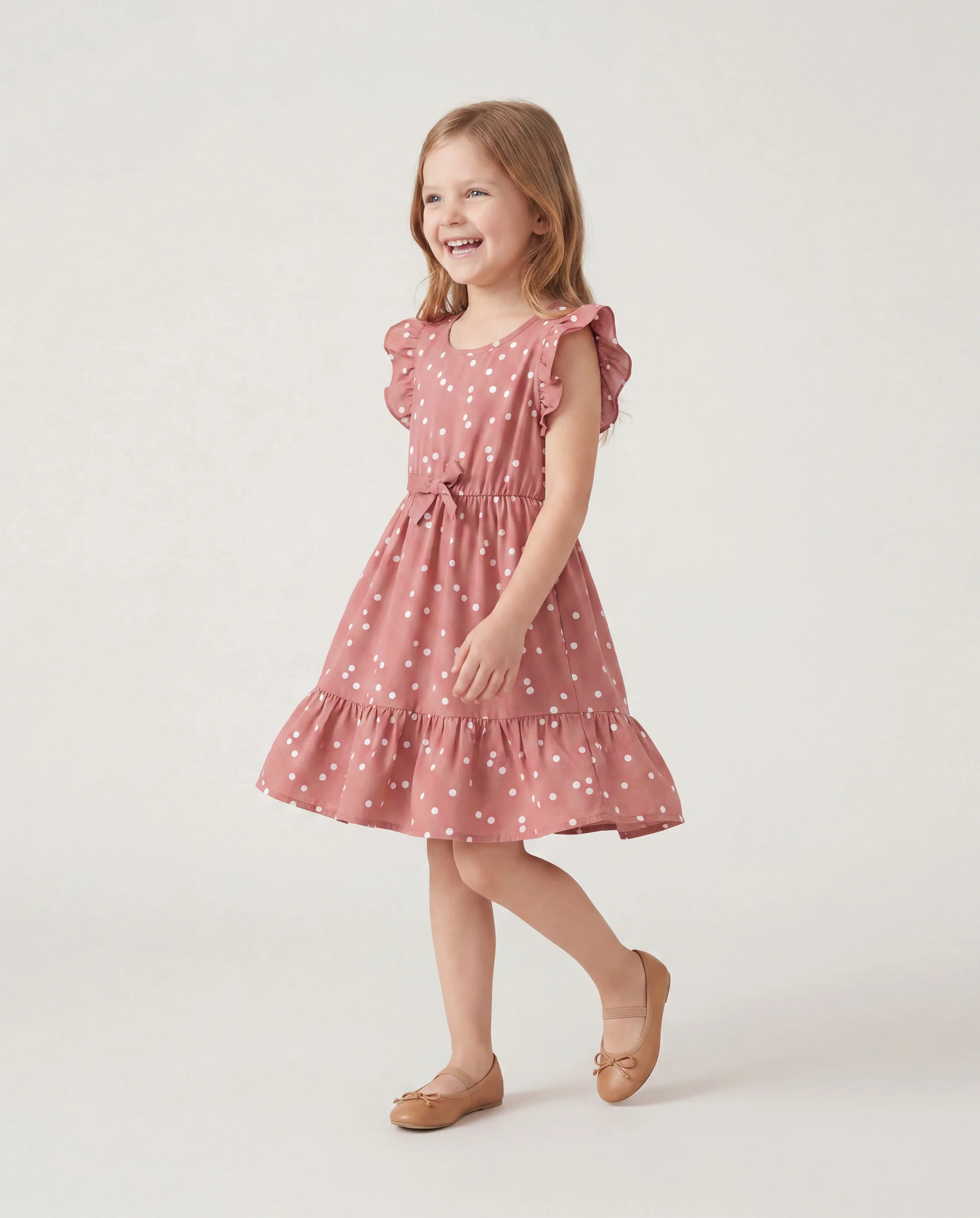 All Over Dots Pink Cross Wrap V Neck Ruffle Flutter-sleeve Dress for Mom and Me PinkyWhite - Image 3