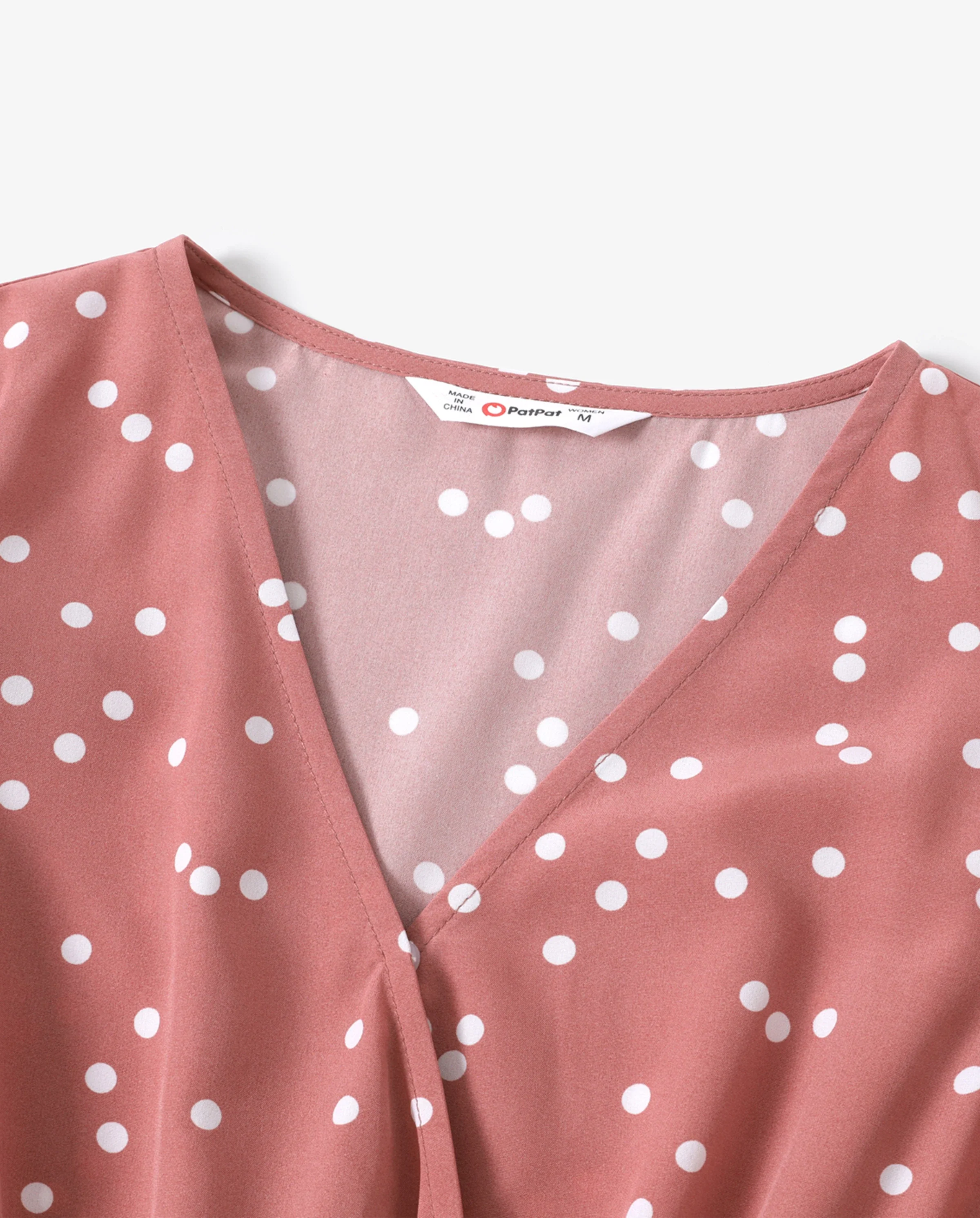 All Over Dots Pink Cross Wrap V Neck Ruffle Flutter-sleeve Dress for Mom and Me PinkyWhite - Image 7