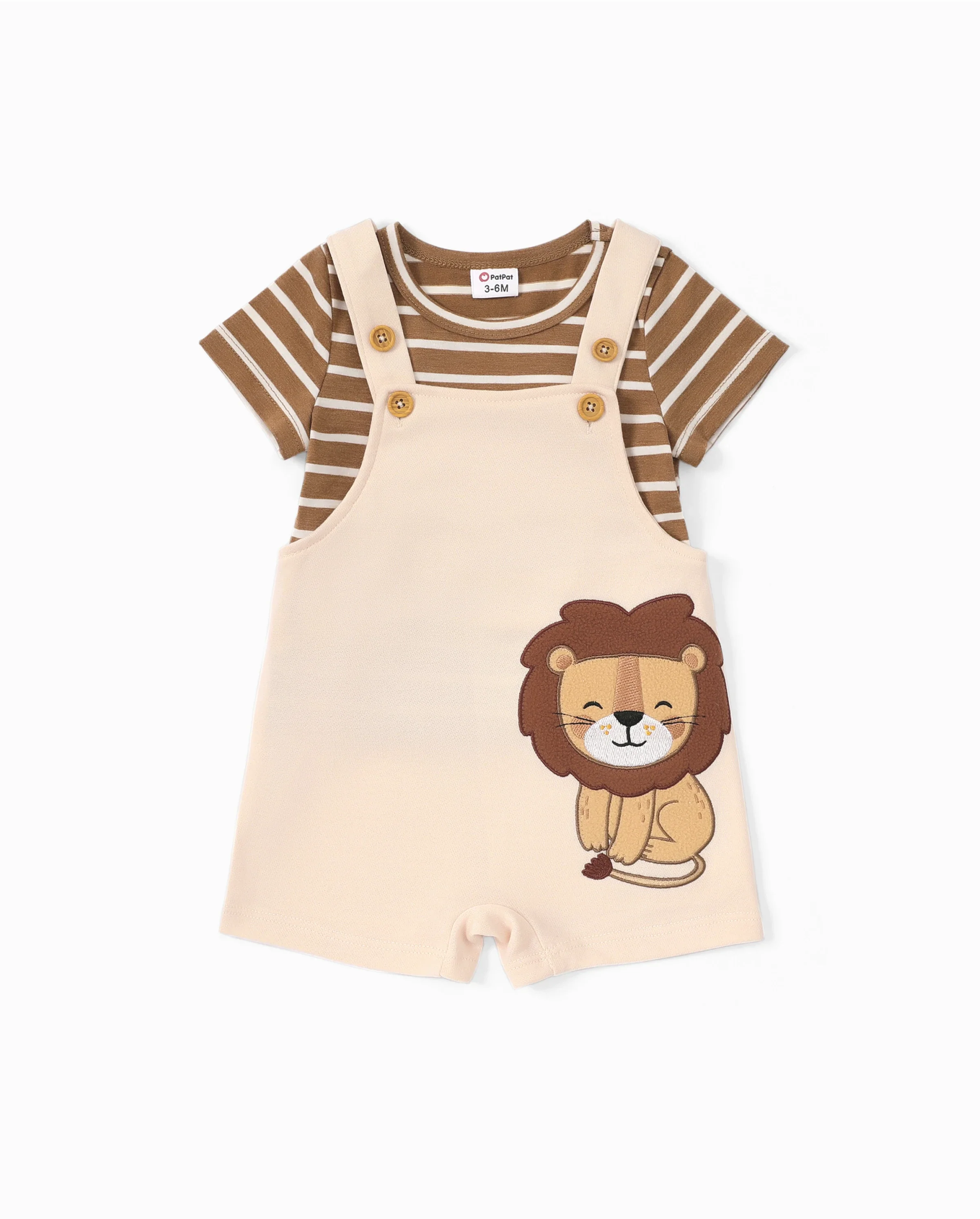Baby Boy 2pcs Stripe Pattern Tee and Lion Print Overalls Shorts Set Khaki - Image 5