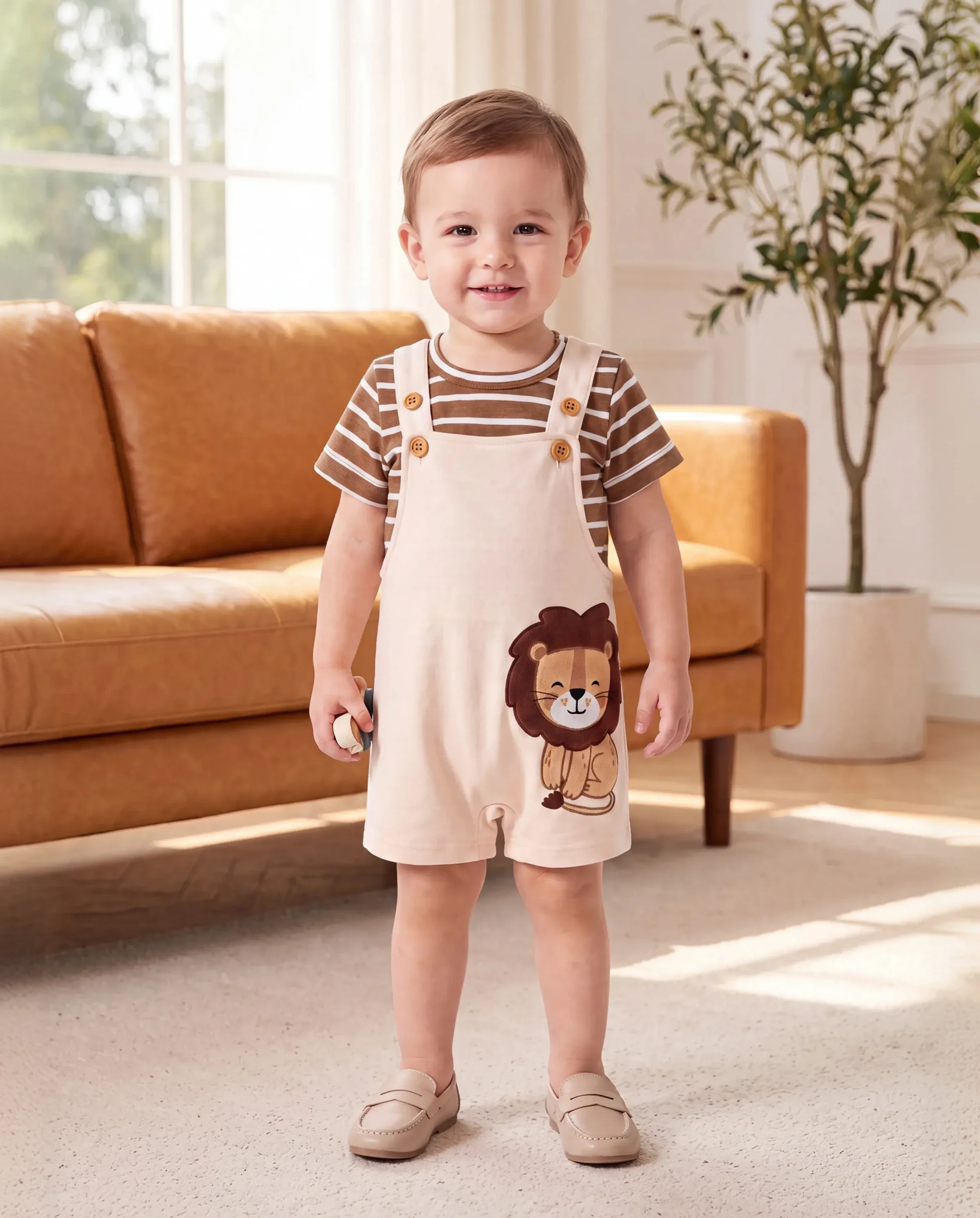 Baby Boy 2pcs Stripe Pattern Tee and Lion Print Overalls Shorts Set Khaki - Image 6