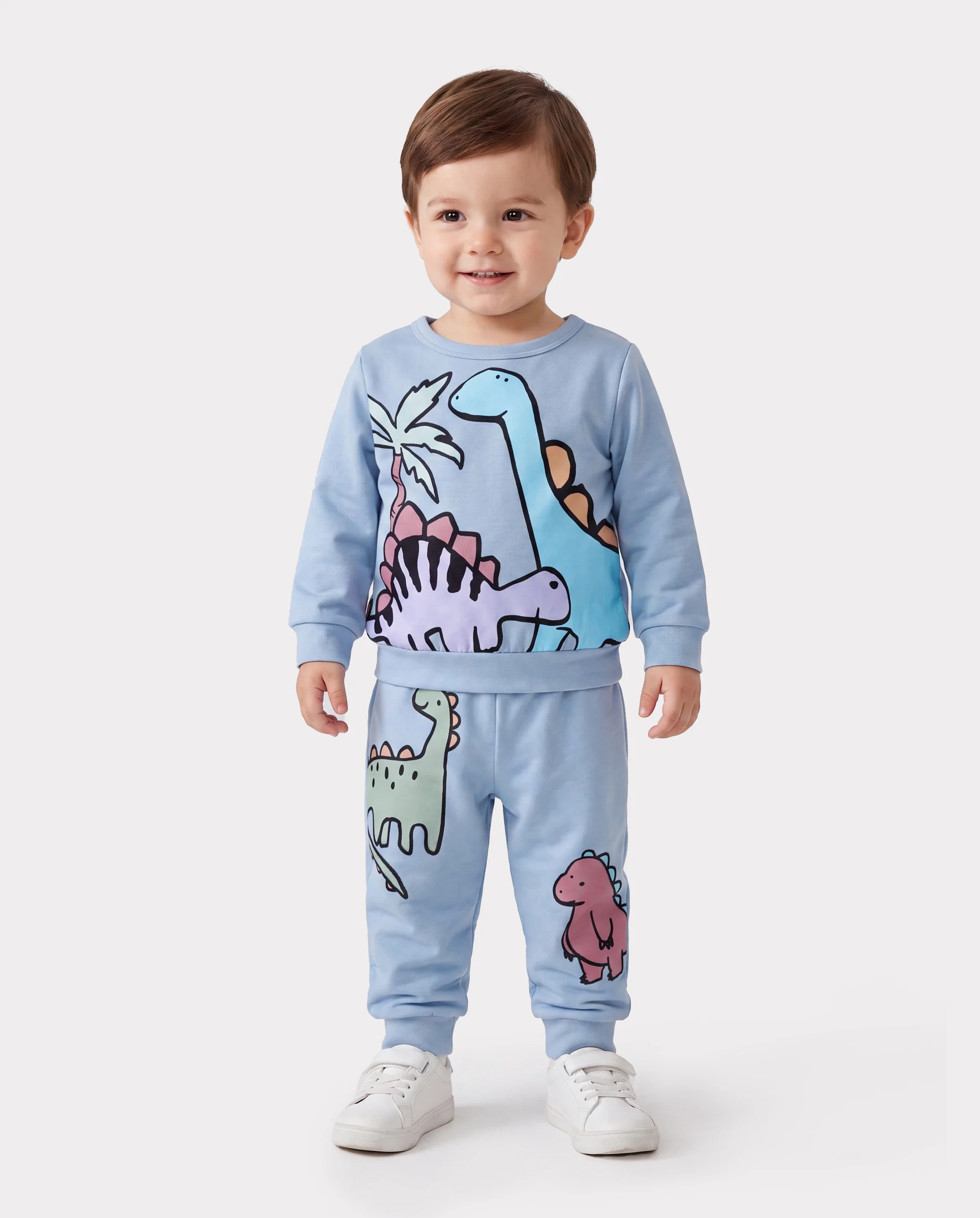 Baby Boy Clothes 2pcs Dinosaur/ Vehicle Print Sweatshirt and Pants Set Blue grey