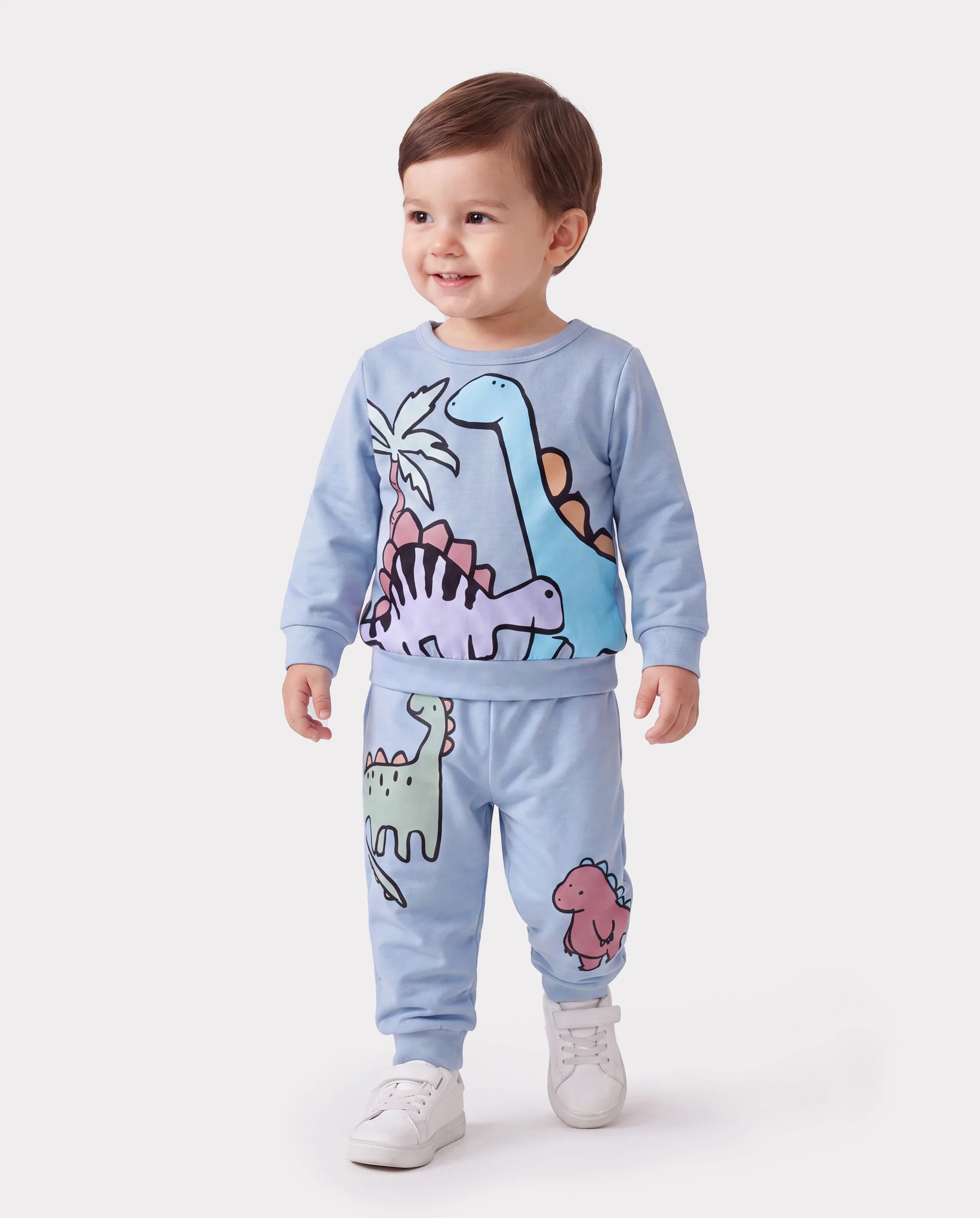 Baby Boy Clothes 2pcs Dinosaur/ Vehicle Print Sweatshirt and Pants Set Blue grey - Image 2