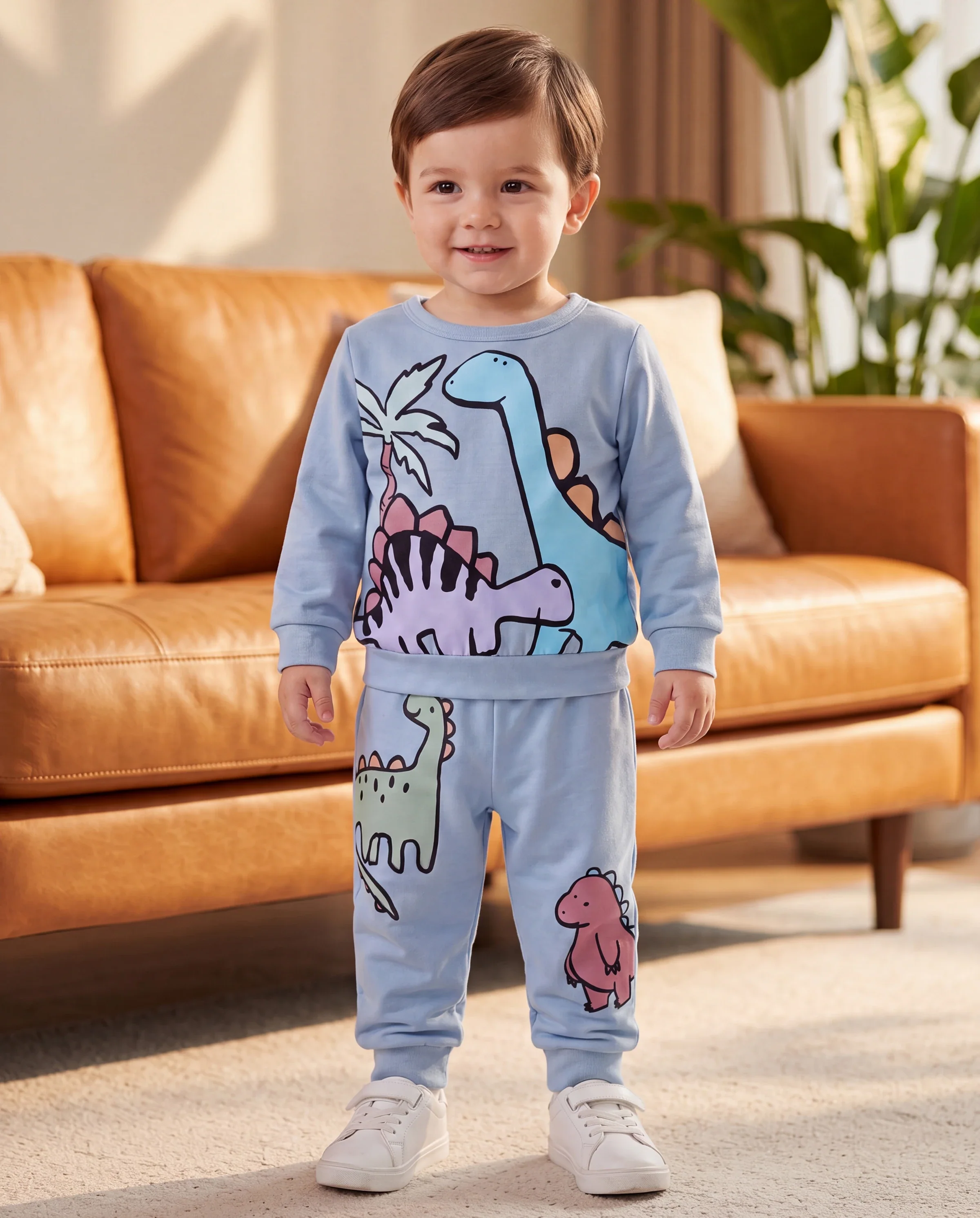 Baby Boy Clothes 2pcs Dinosaur/ Vehicle Print Sweatshirt and Pants Set Blue grey - Image 8