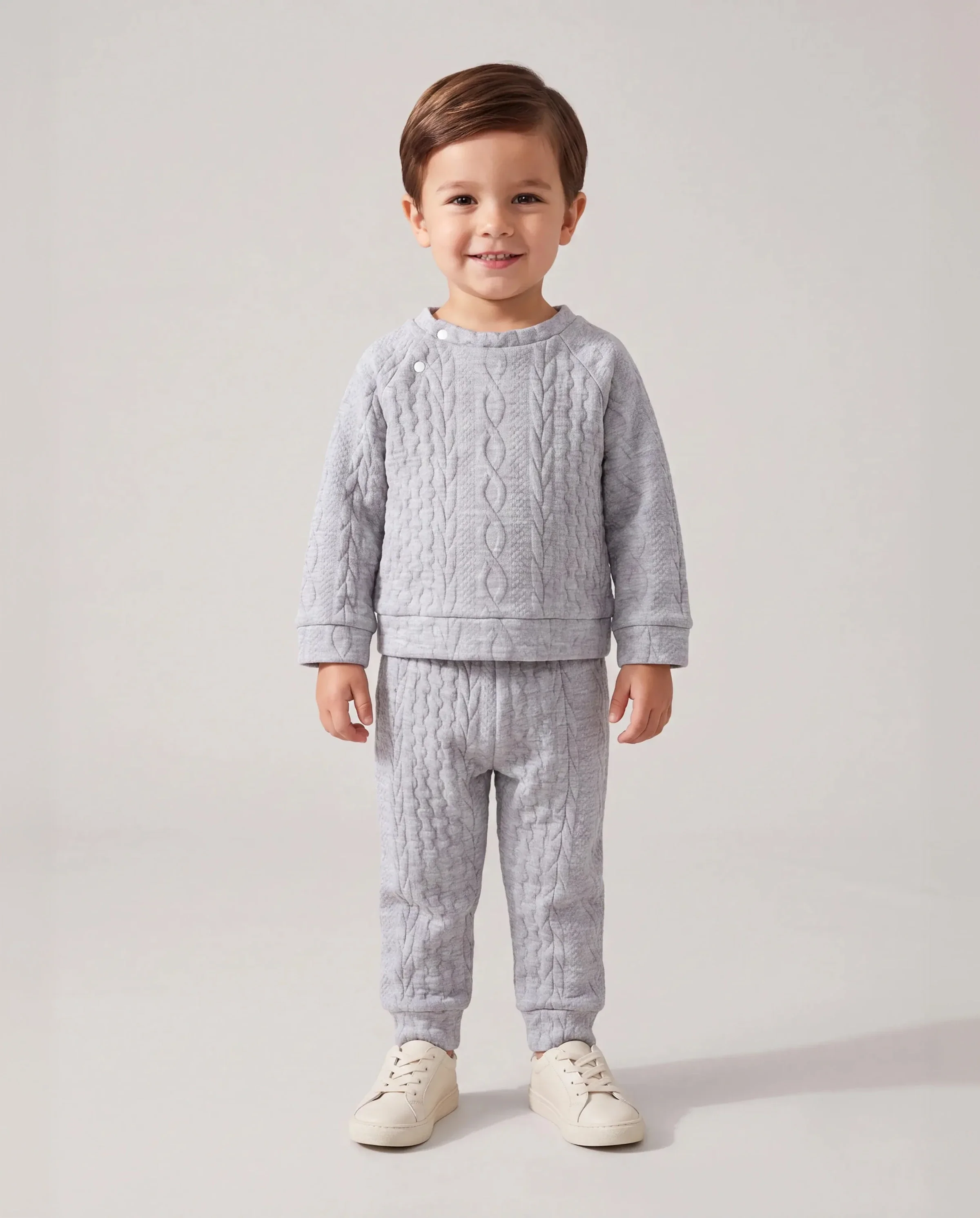 Baby Boy/Girl Clothes 2pcs Solid Knitted Sweatshirt and Pants Set Light Grey - Image 2