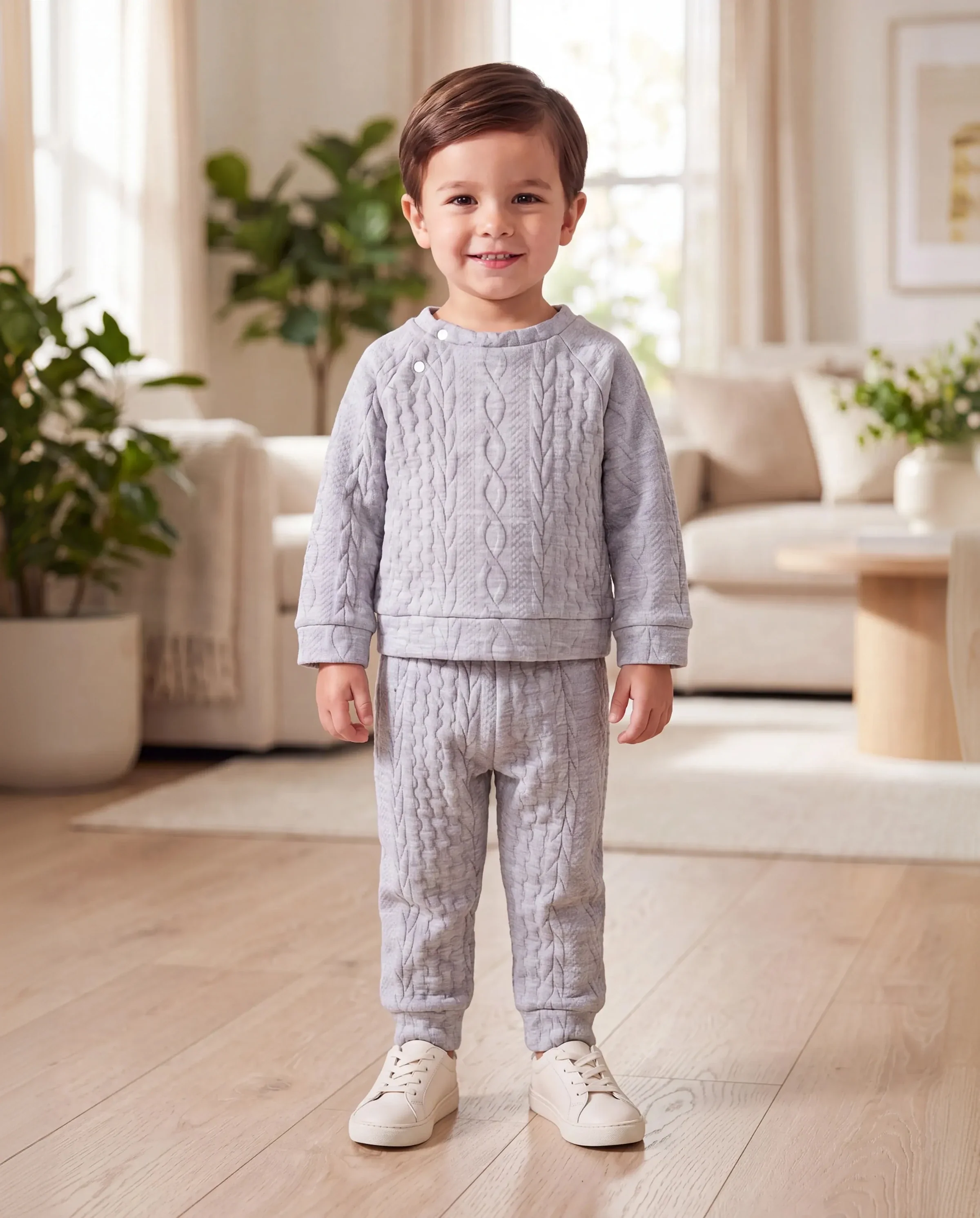 Baby Boy/Girl Clothes 2pcs Solid Knitted Sweatshirt and Pants Set Light Grey - Image 7