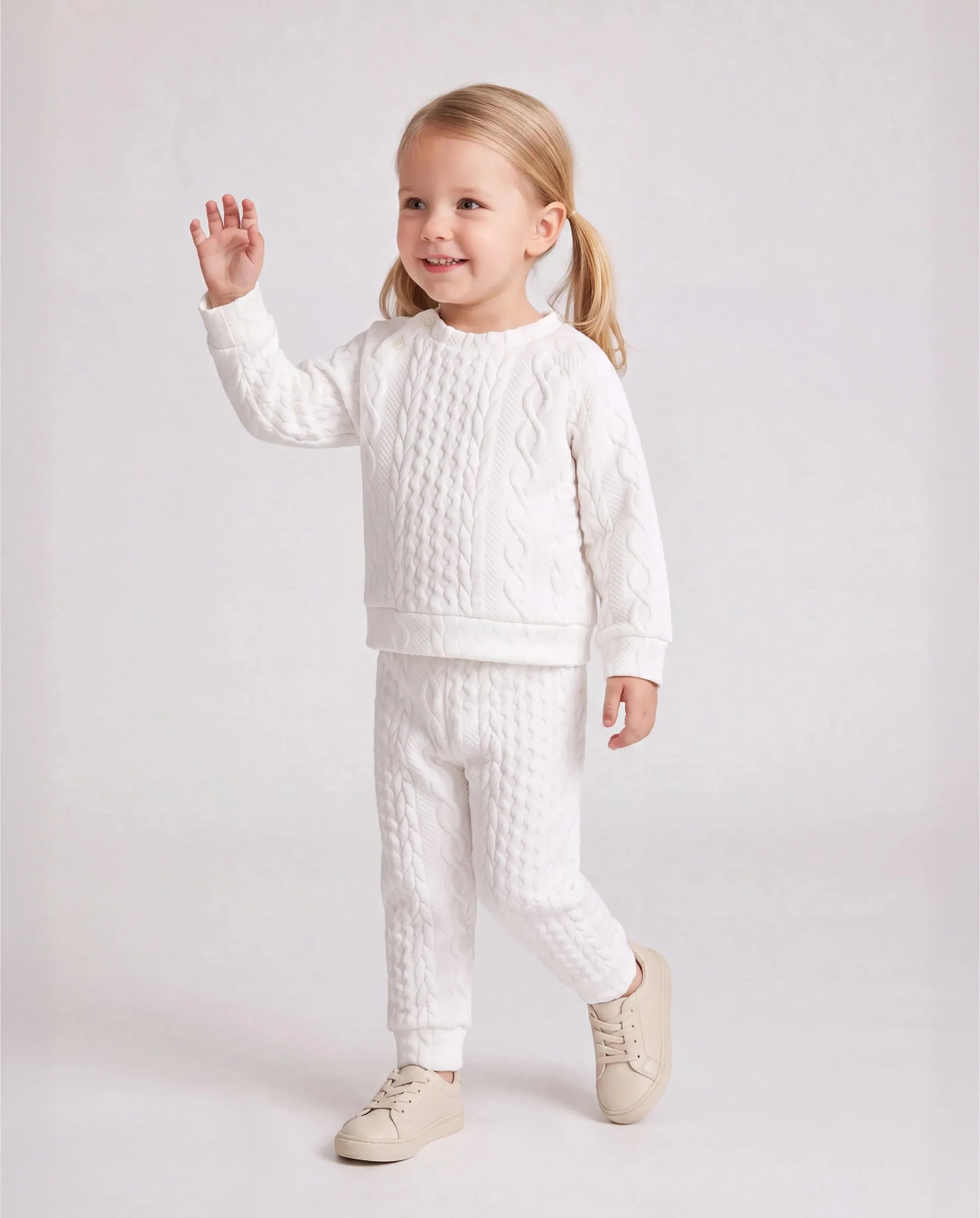 Baby Boy/Girl Clothes 2pcs Solid Knitted Sweatshirt and Pants Set White - Image 2