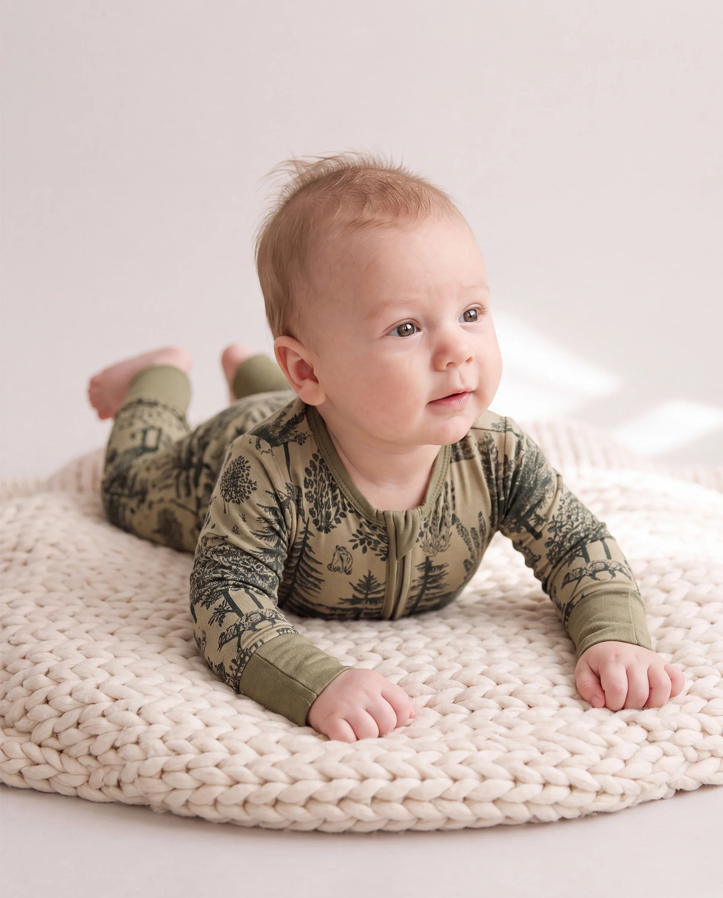 Baby Boy/Girl Plant Print Zip-up Snug-Fitting Wool Pajamas Green - Image 2