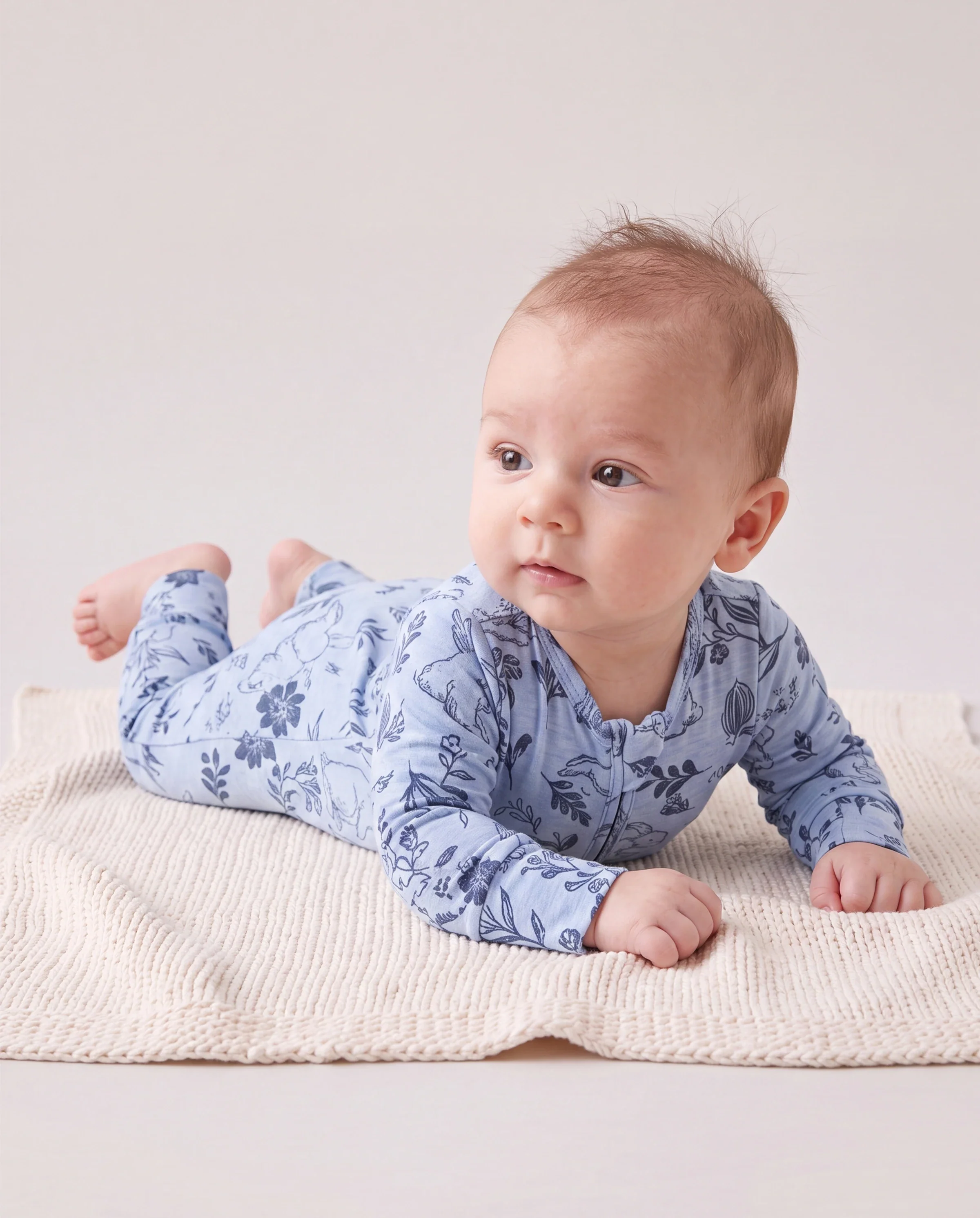 Baby Boy/Girl Plant Print Zip-up Snug-Fitting Wool Pajamas Light Blue - Image 2